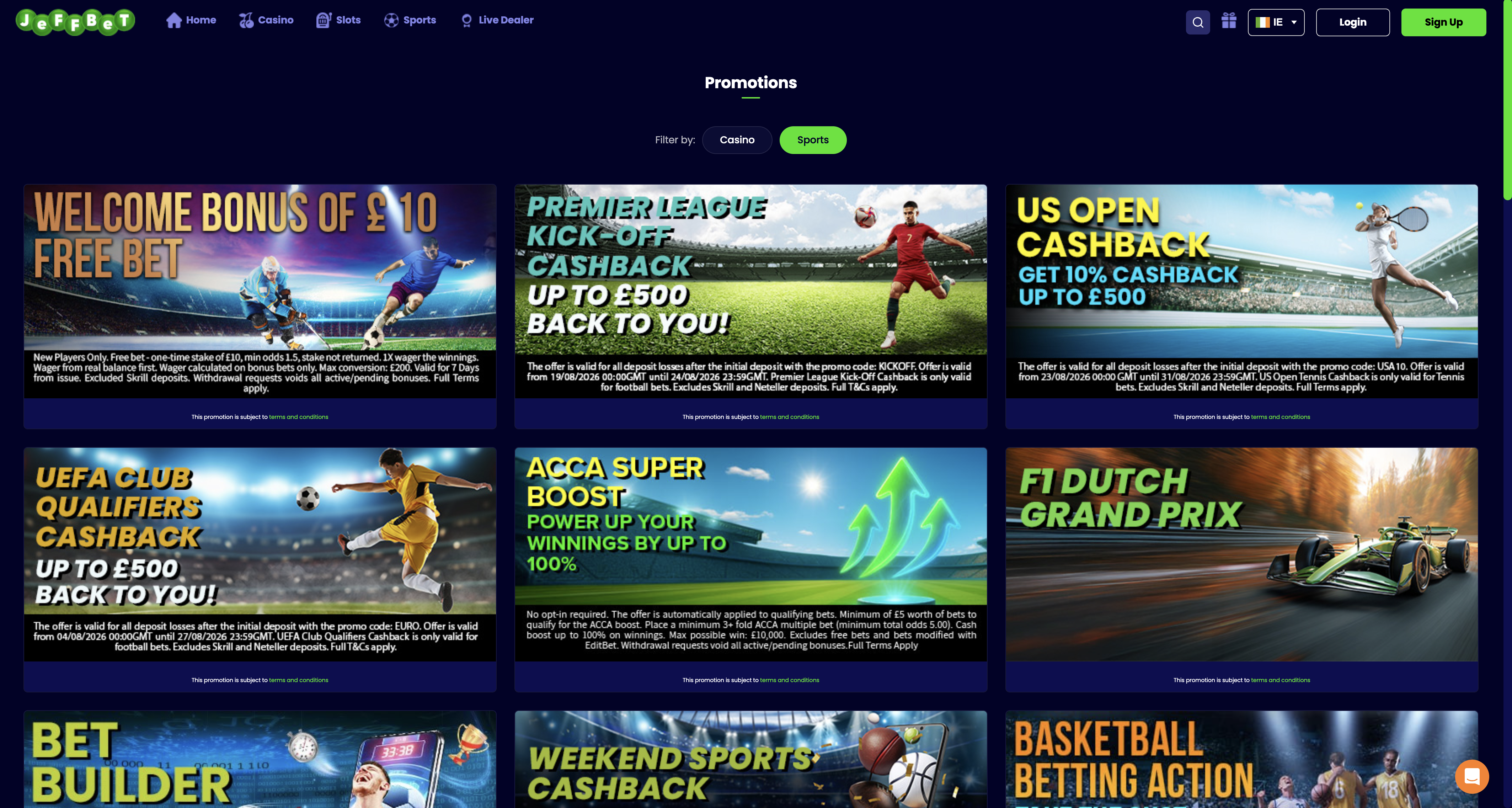 JeffBet sports promotions page with welcome free bet and acca offers