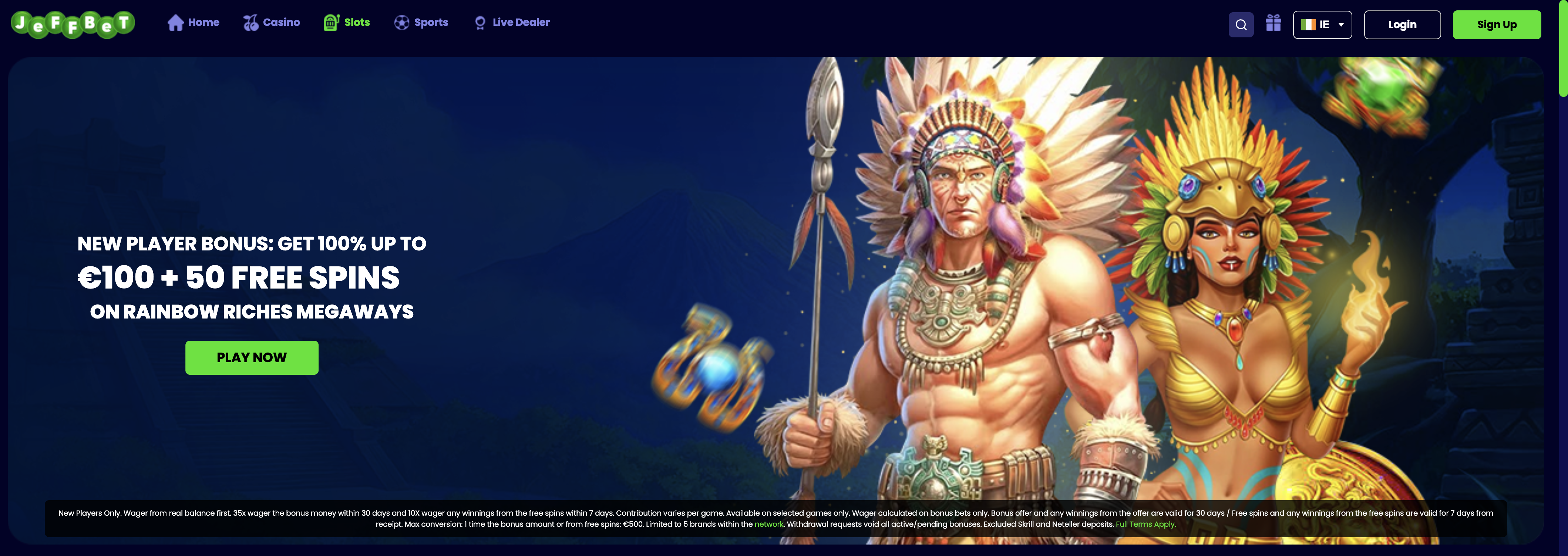 JeffBet casino welcome offer 100 percent up to 100 euro plus 50 free spins