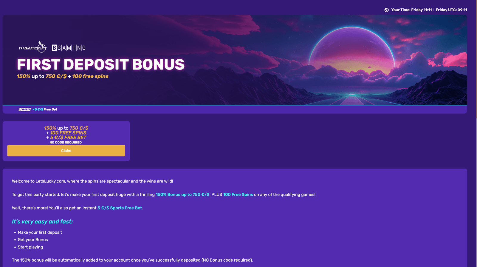 Let's Lucky first deposit bonus 150% up to €750