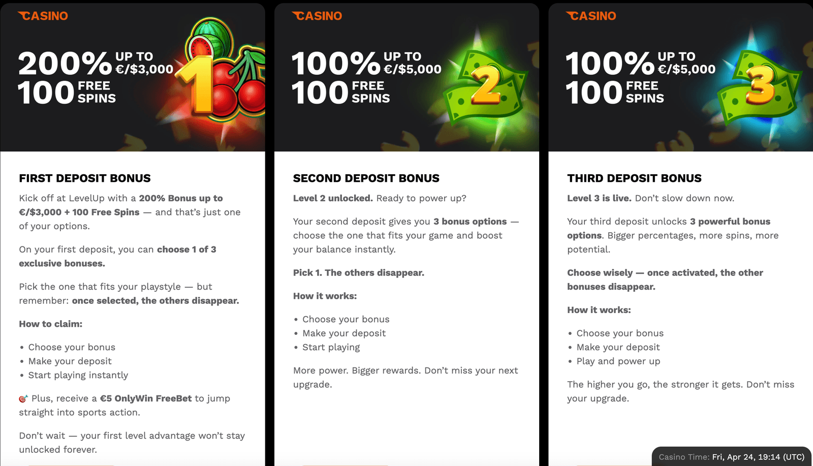 level up casino bonuses