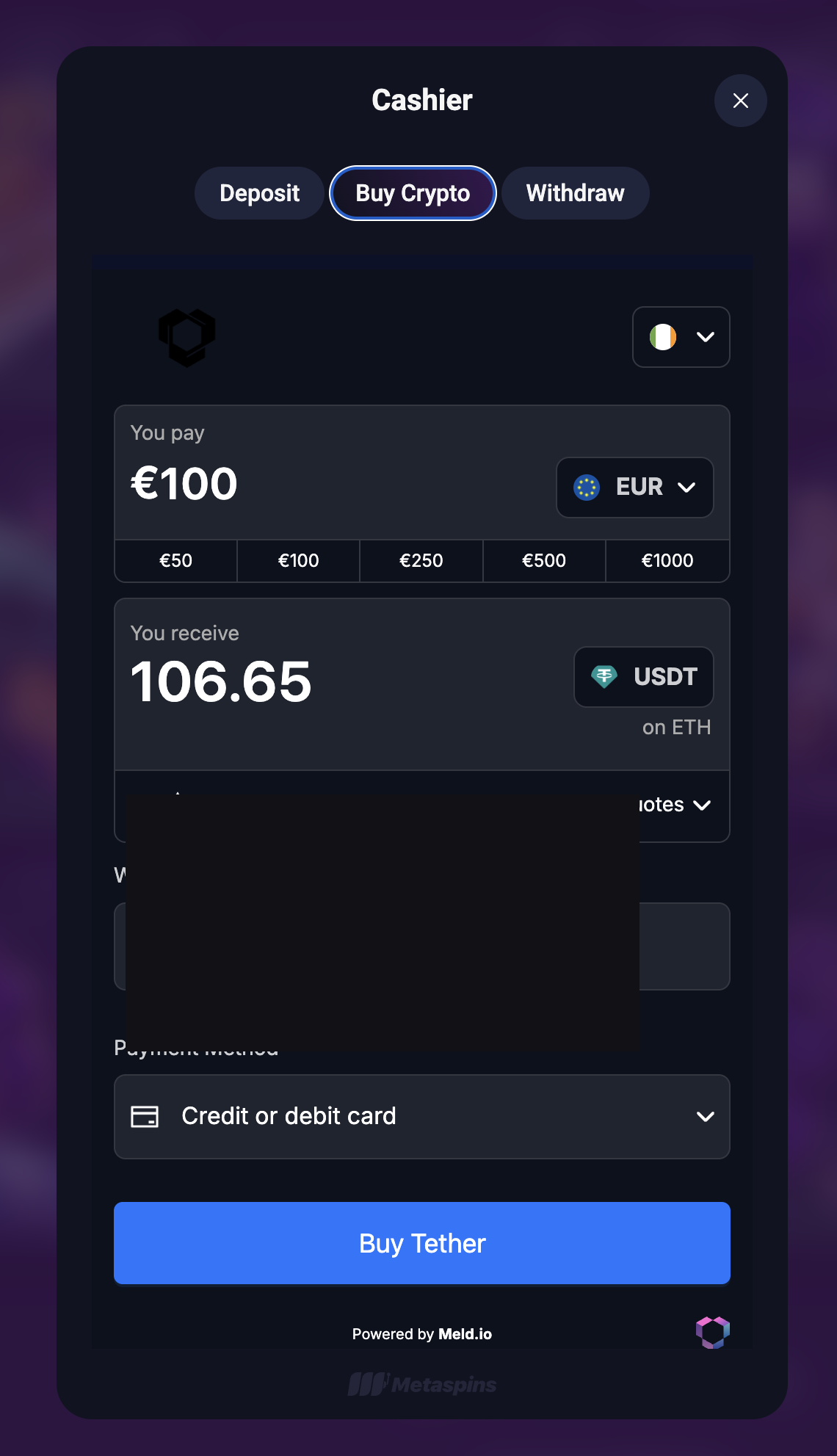 Metaspins Buy Crypto tab — pay EUR by card receive USDT via AlchemyPay Meld