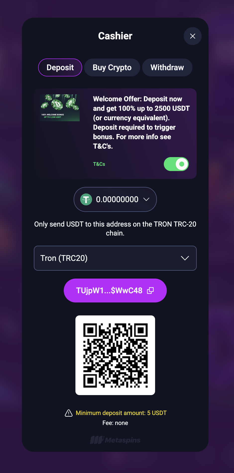 Metaspins Cashier Deposit USDT on Tron TRC20 with 100 percent welcome offer