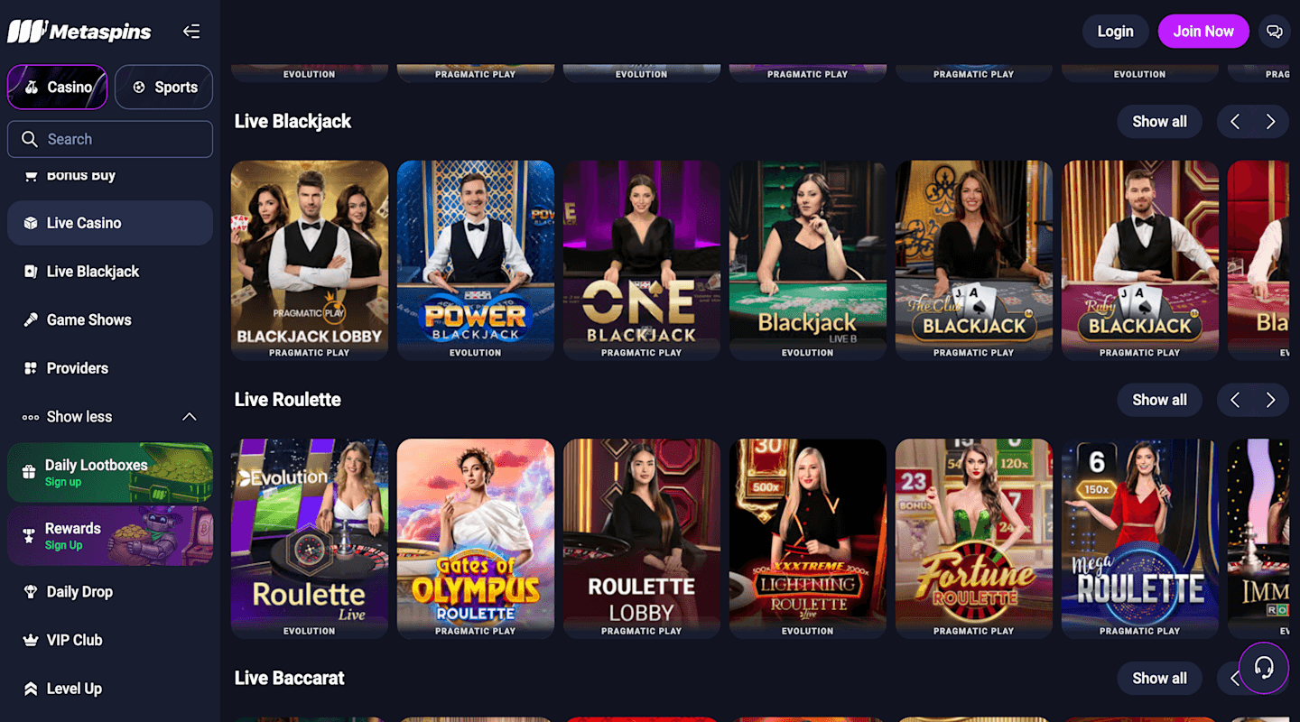 Metaspins live casino