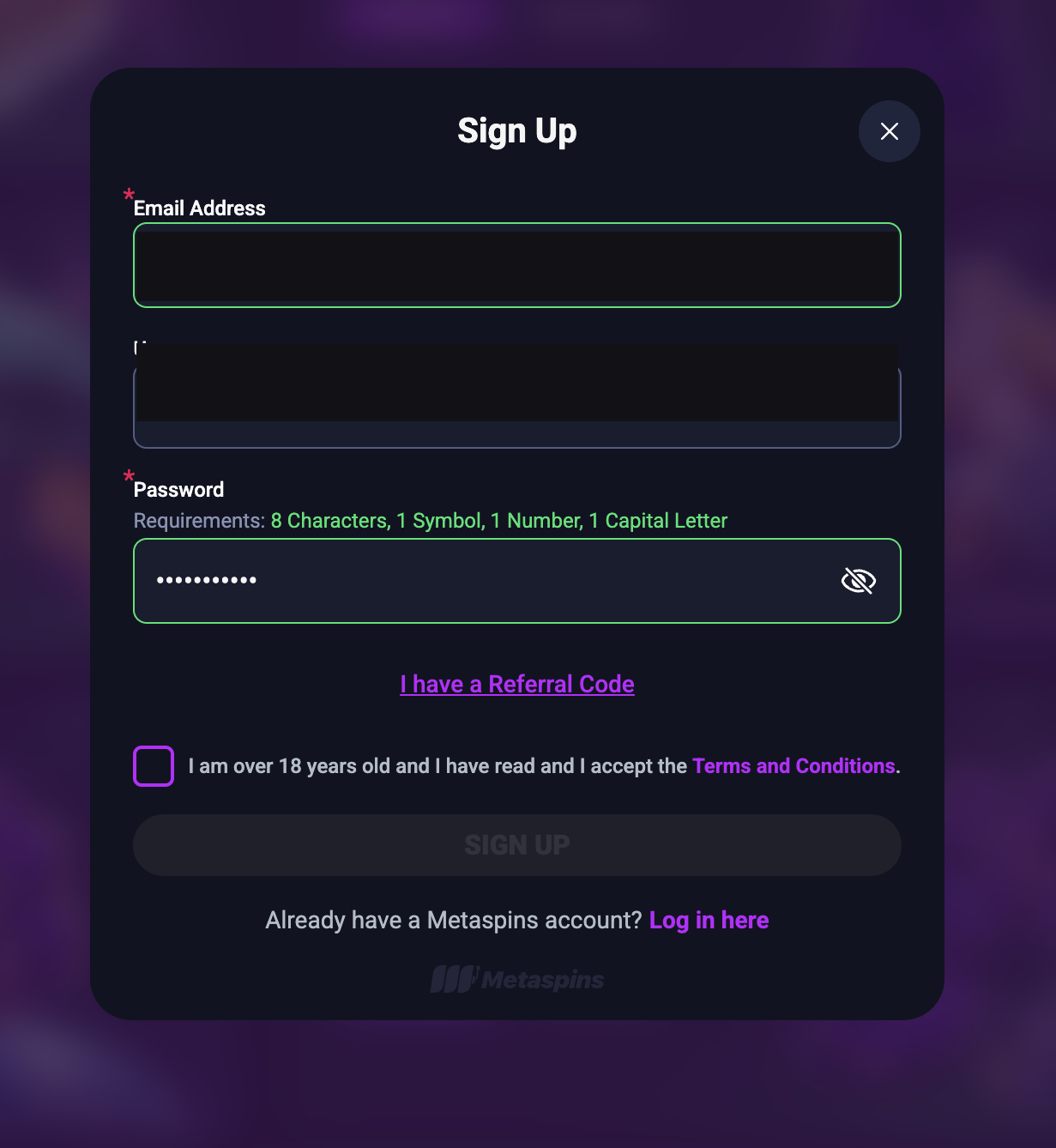 Metaspins Sign Up modal with email and password fields