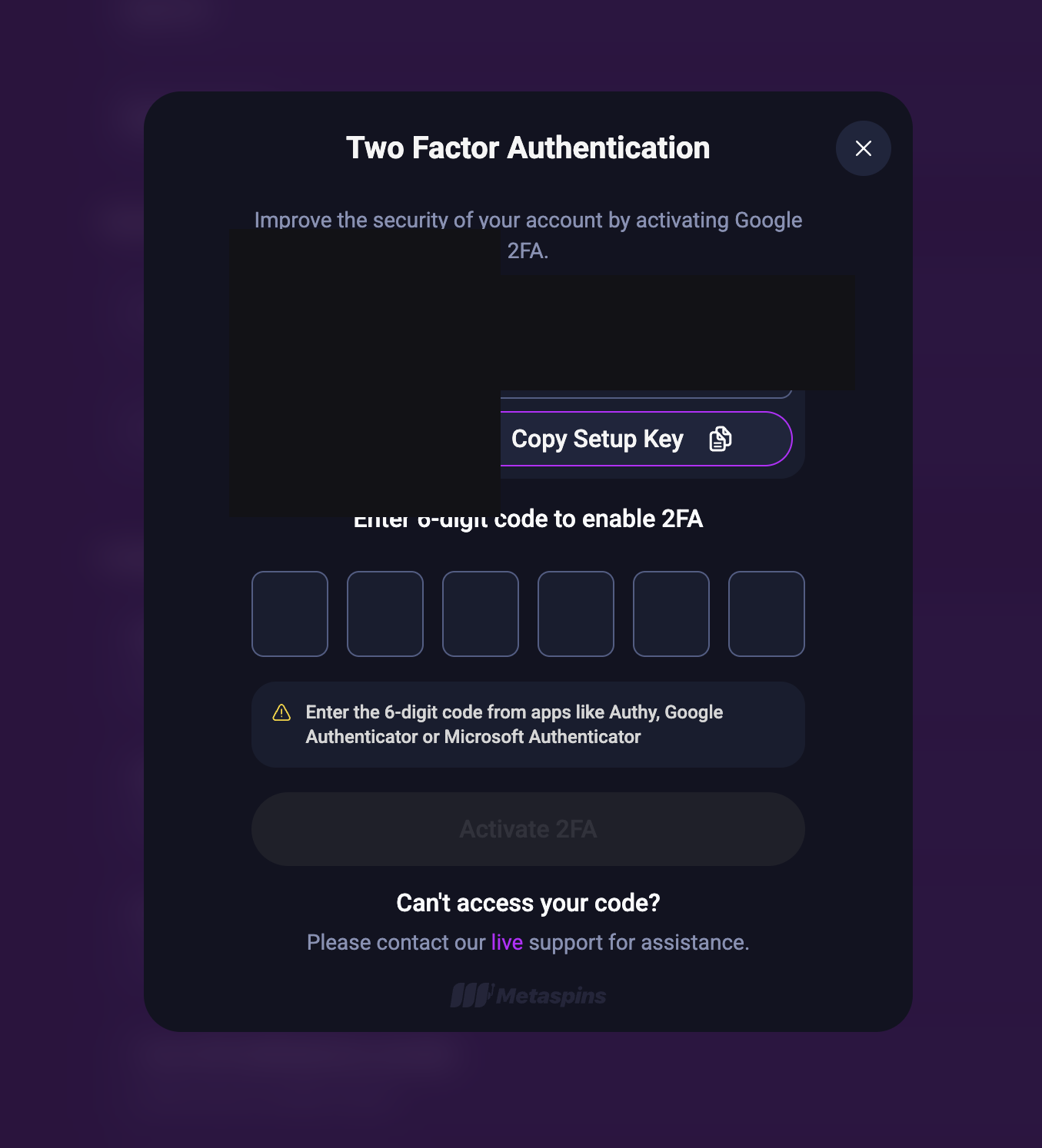 Metaspins Two Factor Authentication setup with Google Authenticator style 2FA