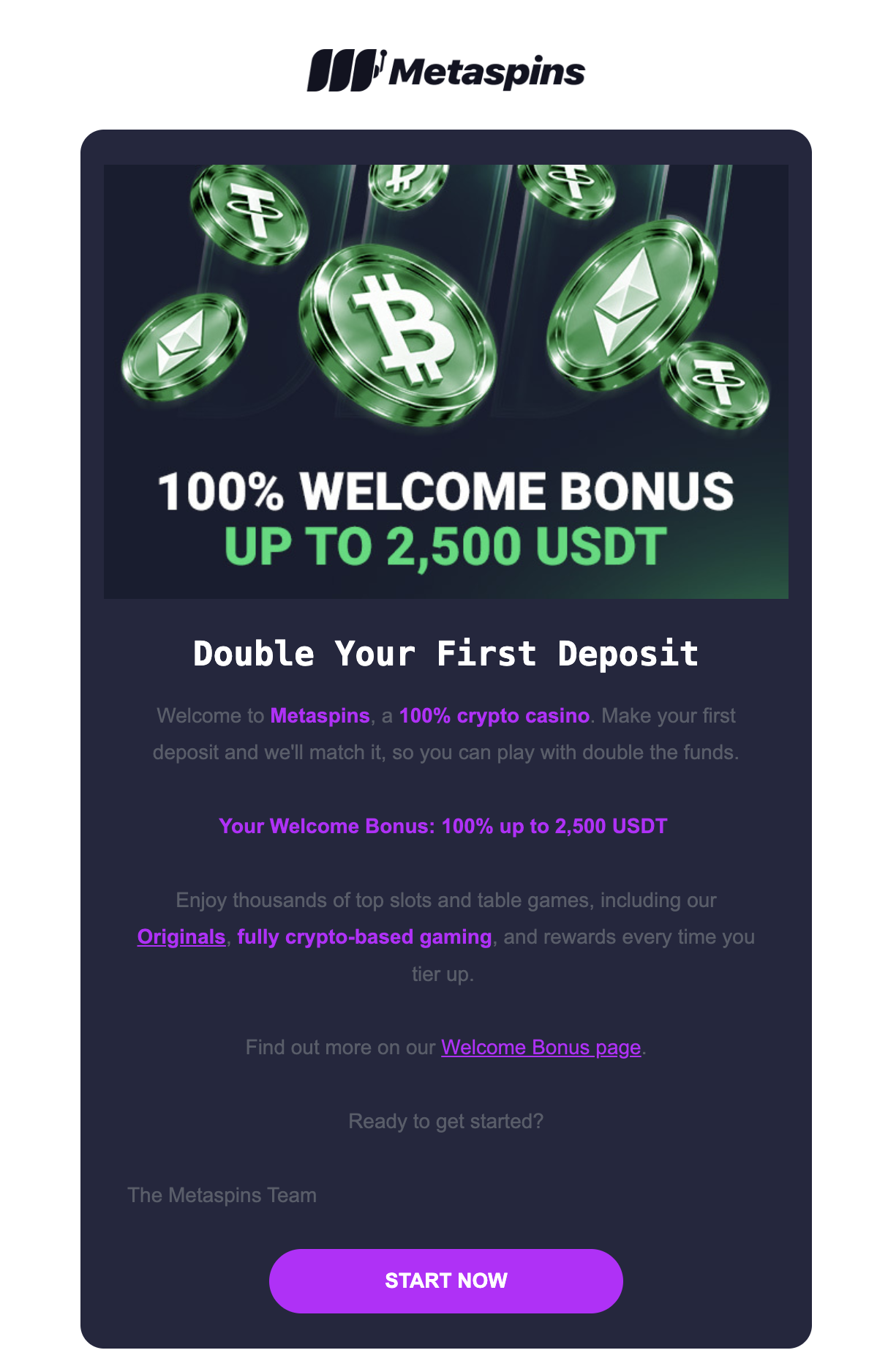 Metaspins email promoting 100 percent welcome bonus up to 2500 USDT