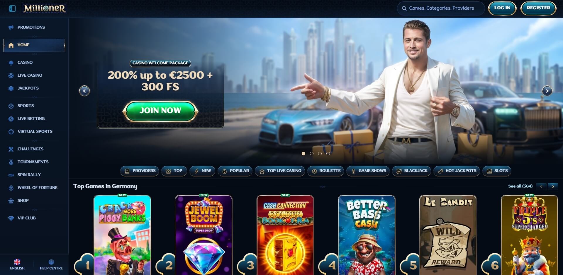 Millioner homepage welcome banner 200% up to €2,500 + 300 free spins