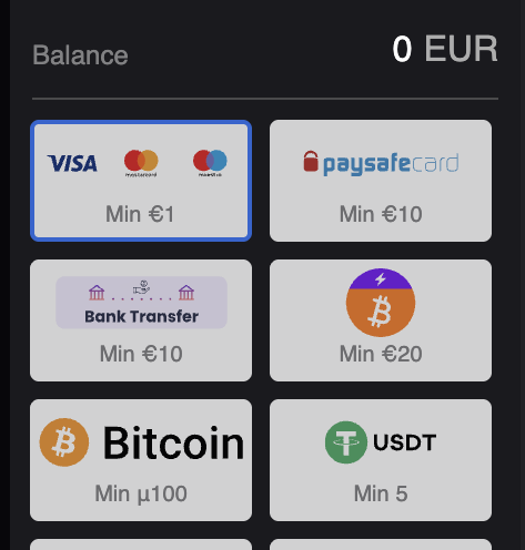 Mirax Casino cashier showing a 1 euro Visa debit deposit