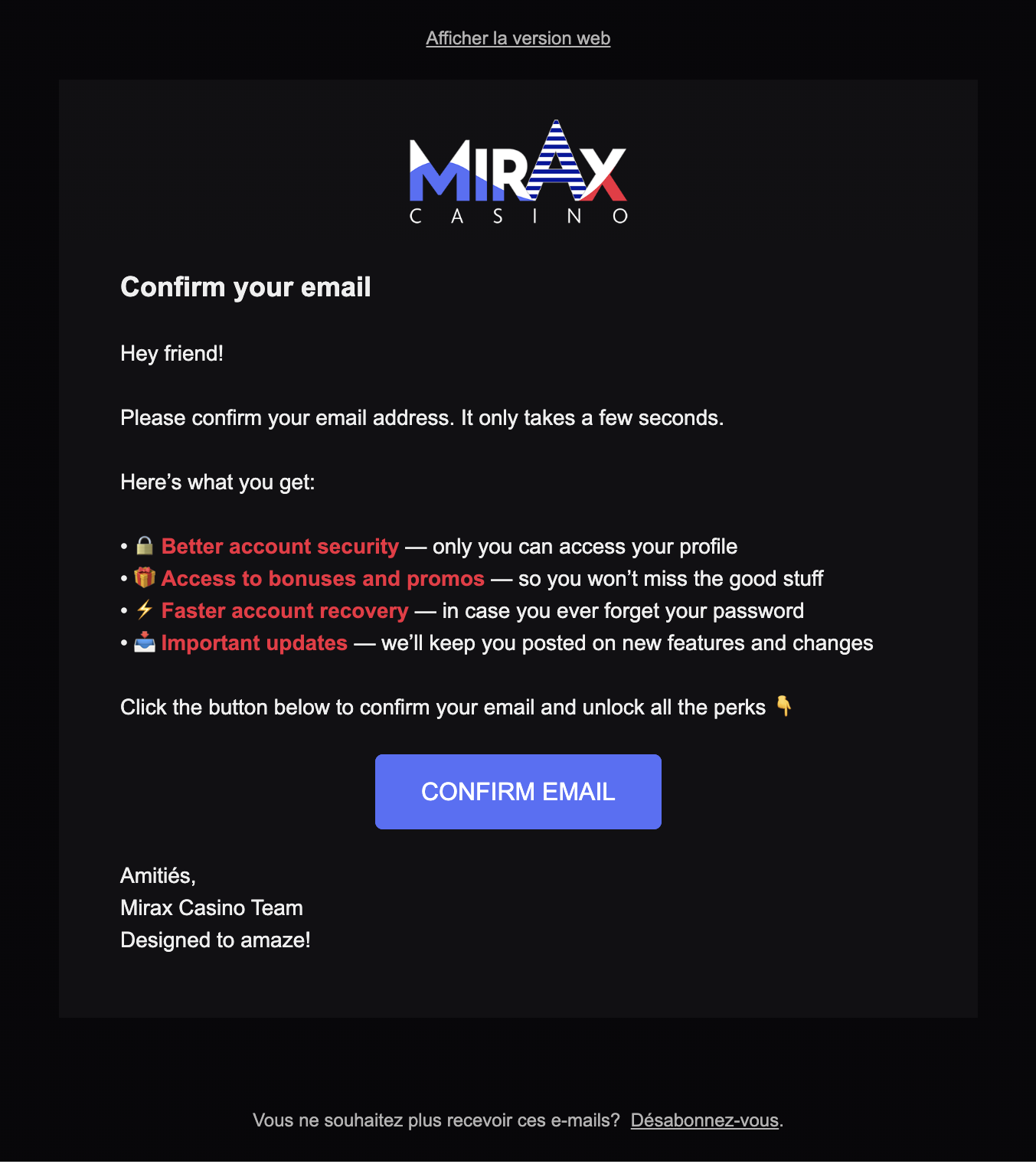 Mirax Casino email confirmation after signup