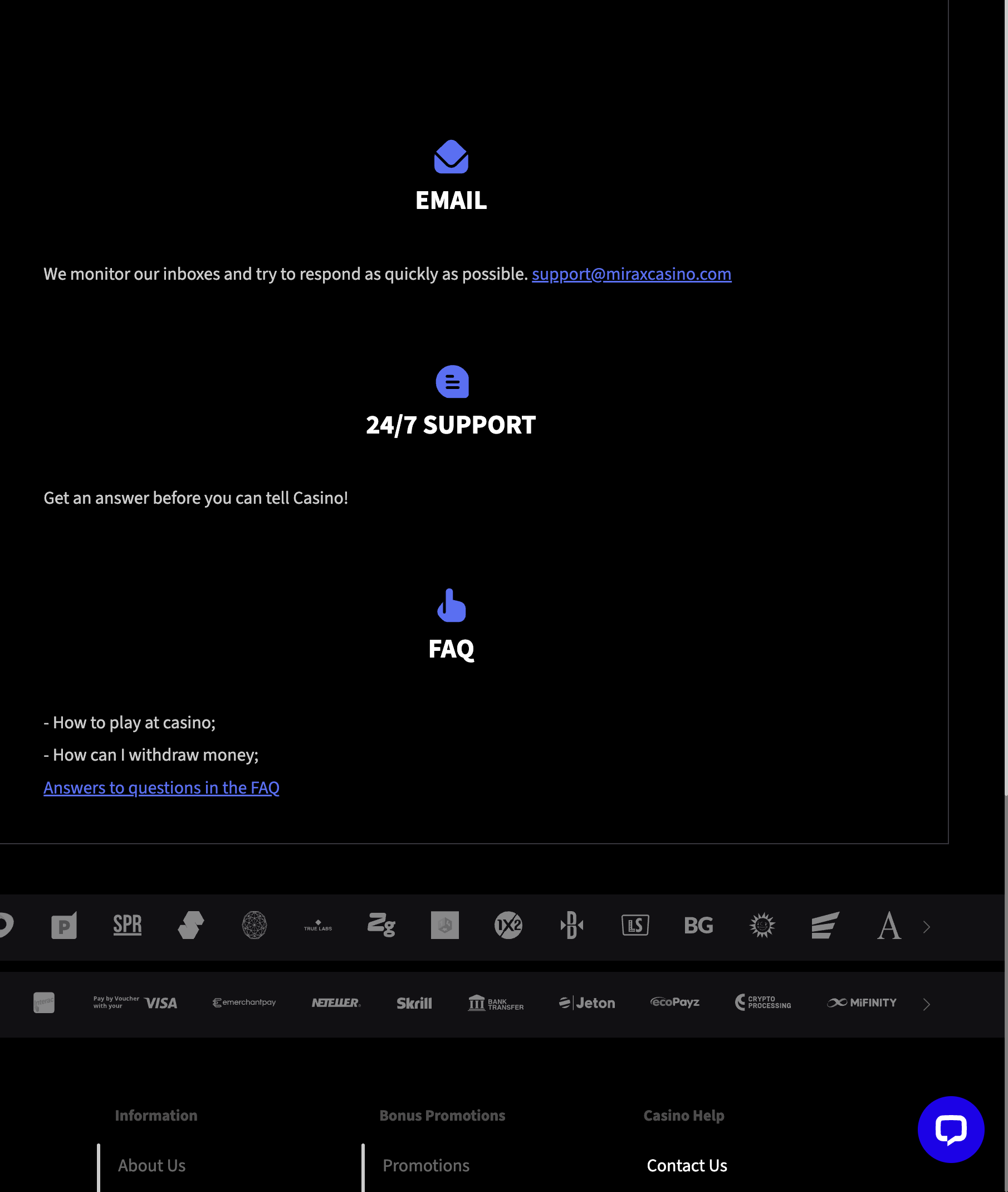 Mirax Casino contact page with button to open live chat