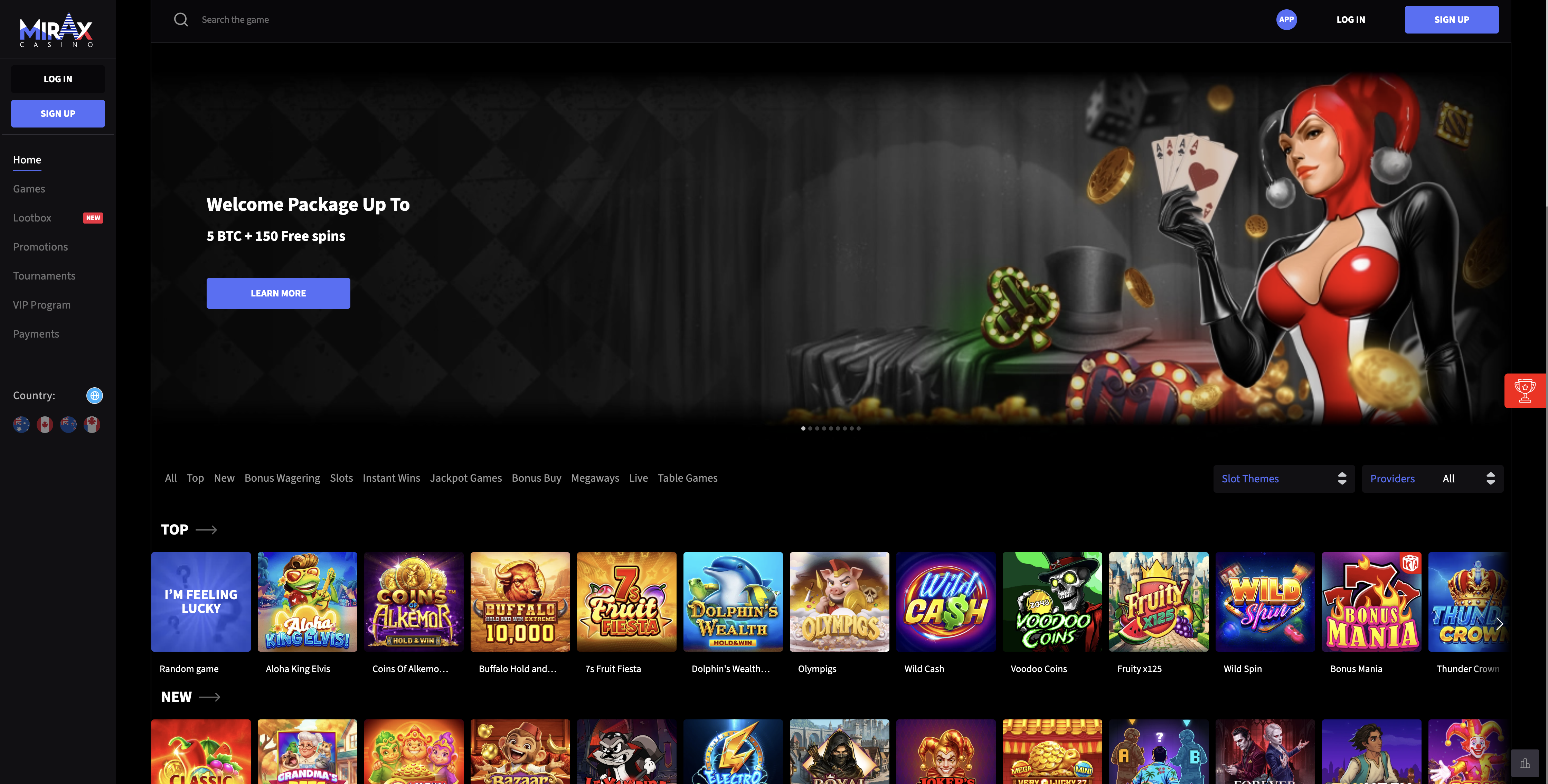 Mirax Casino homepage