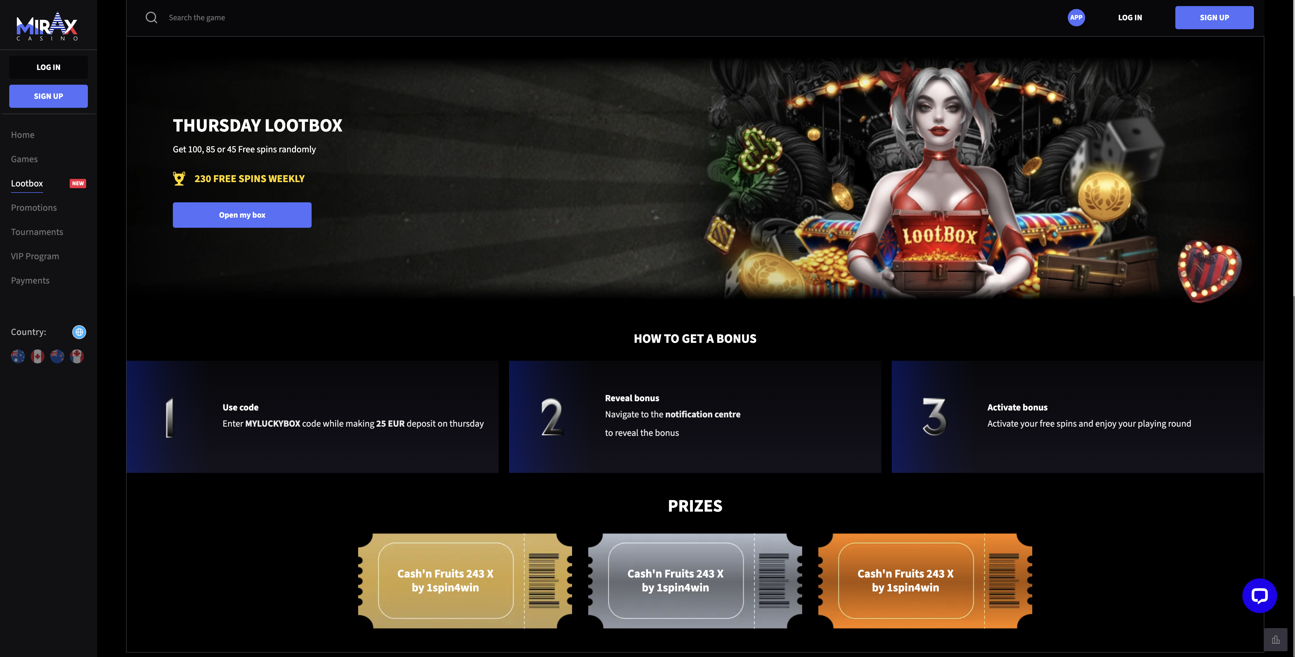 Mirax Casino lootbox promotions