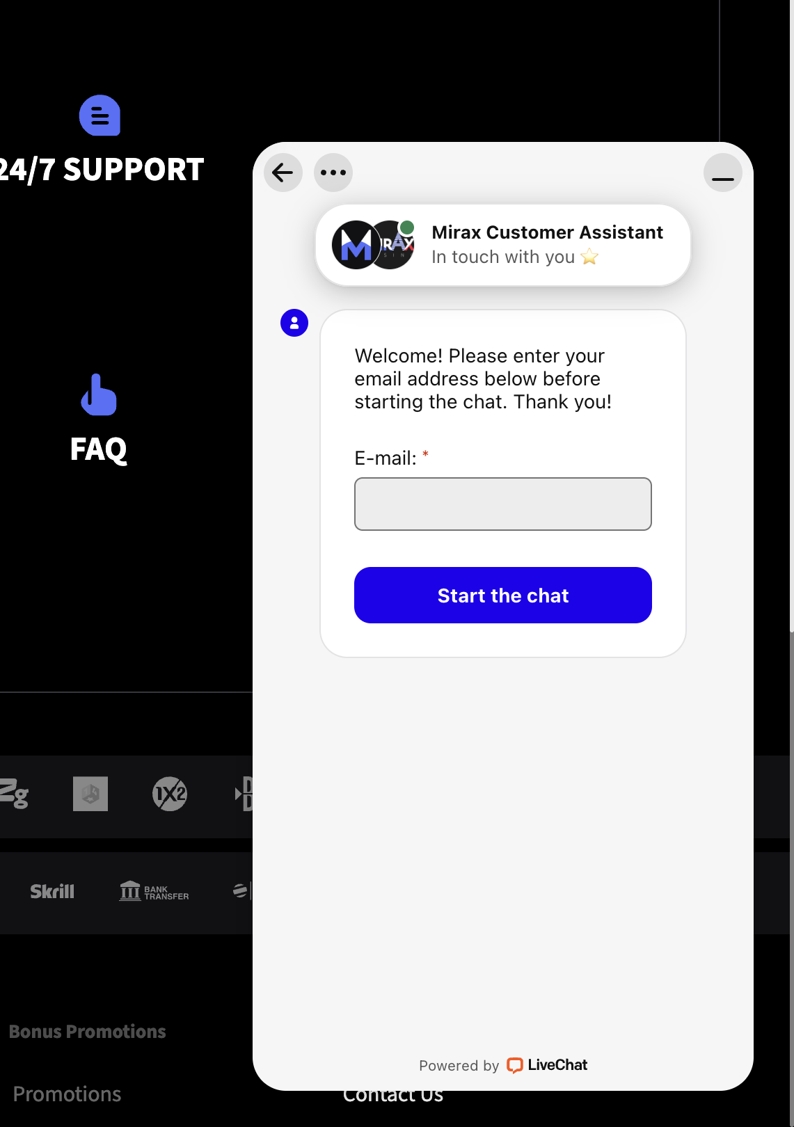 Mirax Casino live chat widget