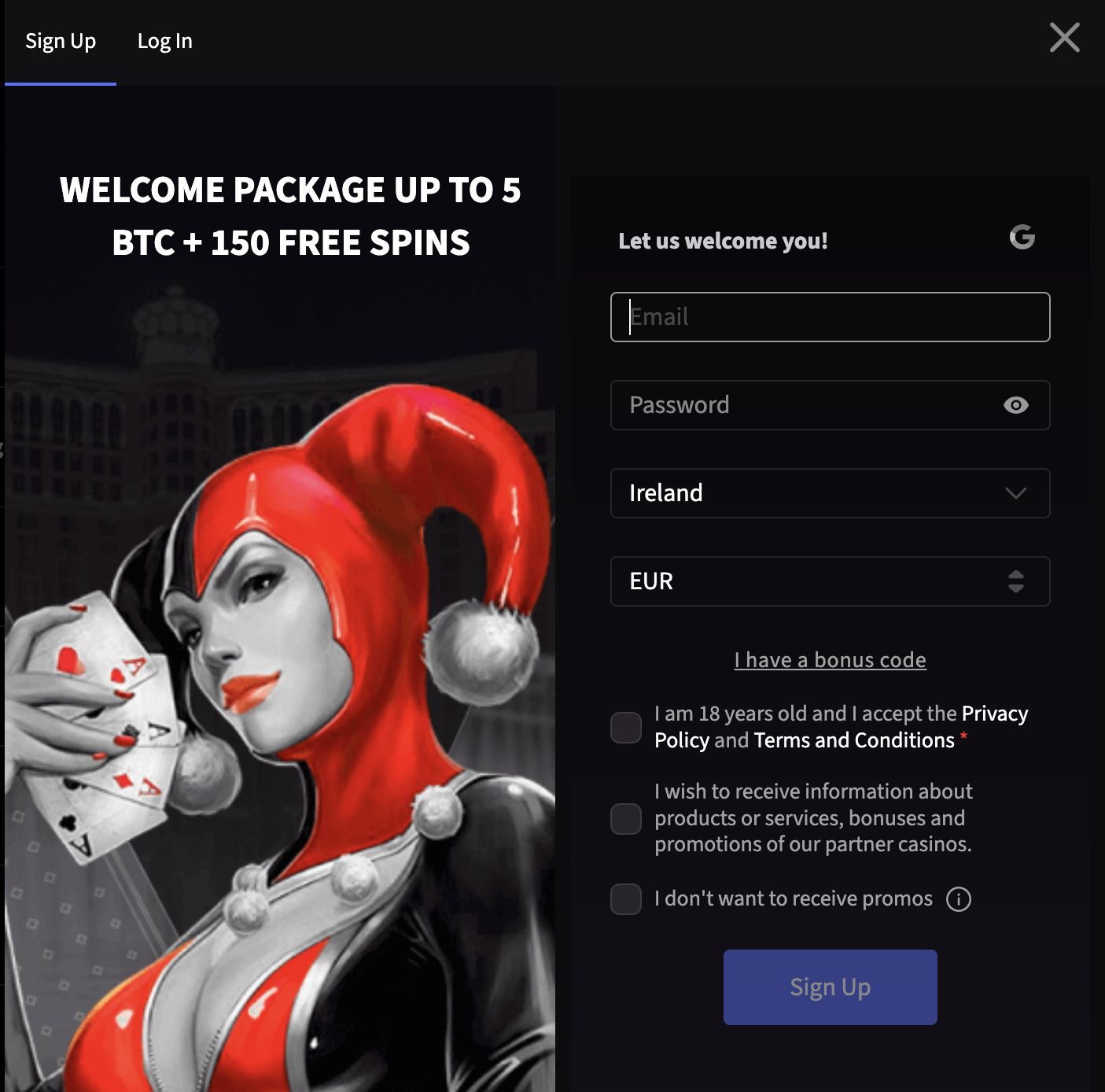 Mirax Casino signup form — email and password