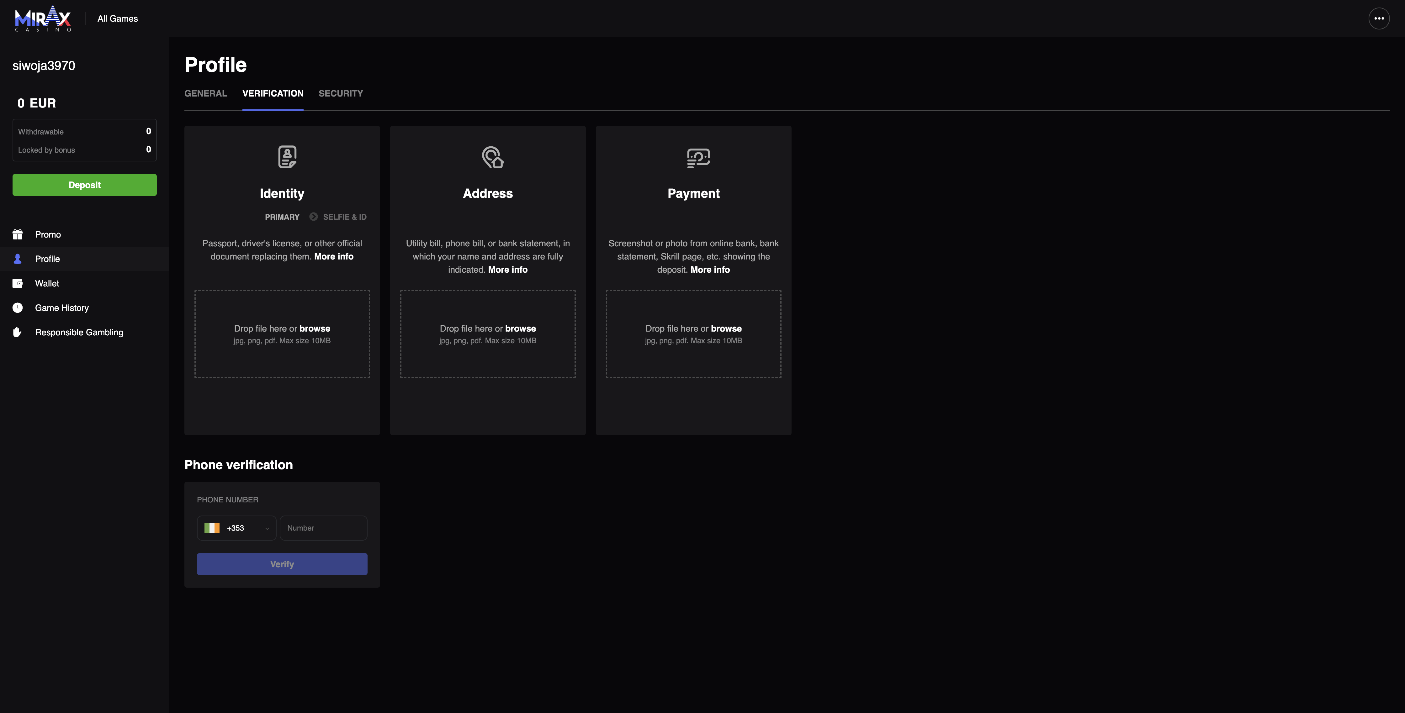 Mirax Casino verification — email, phone, identity, address and proof of payment