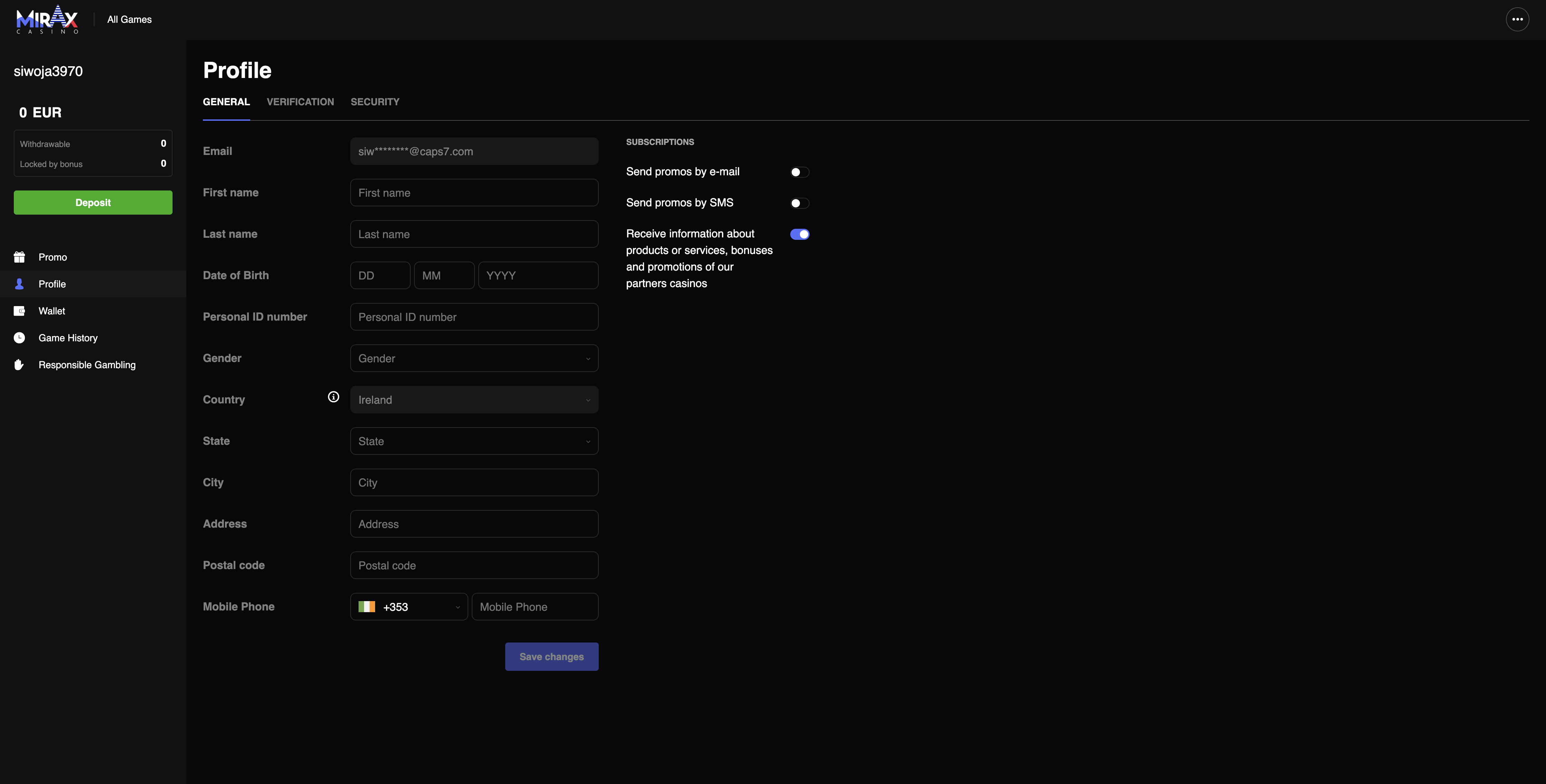 Mirax Casino profile settings