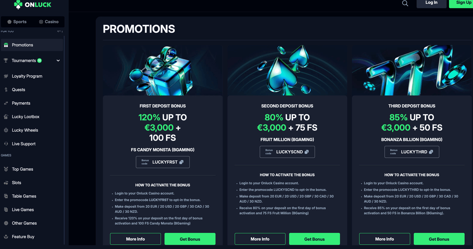 onluck casino bonuses