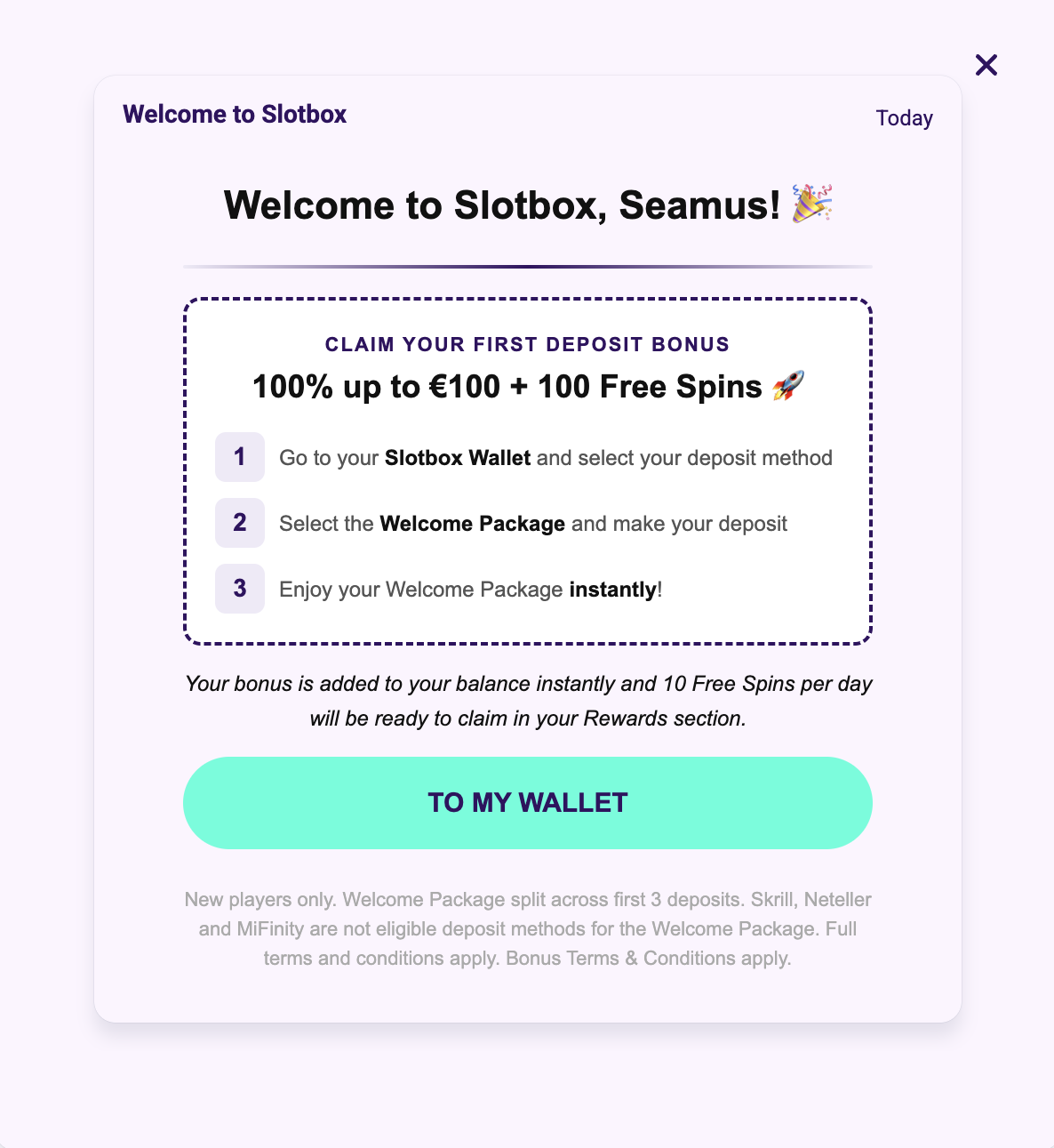 Slotbox welcome screen — licensed casino for Irish players