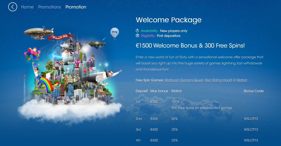 Sloty welcome package up to €1,500 + 300 free spins