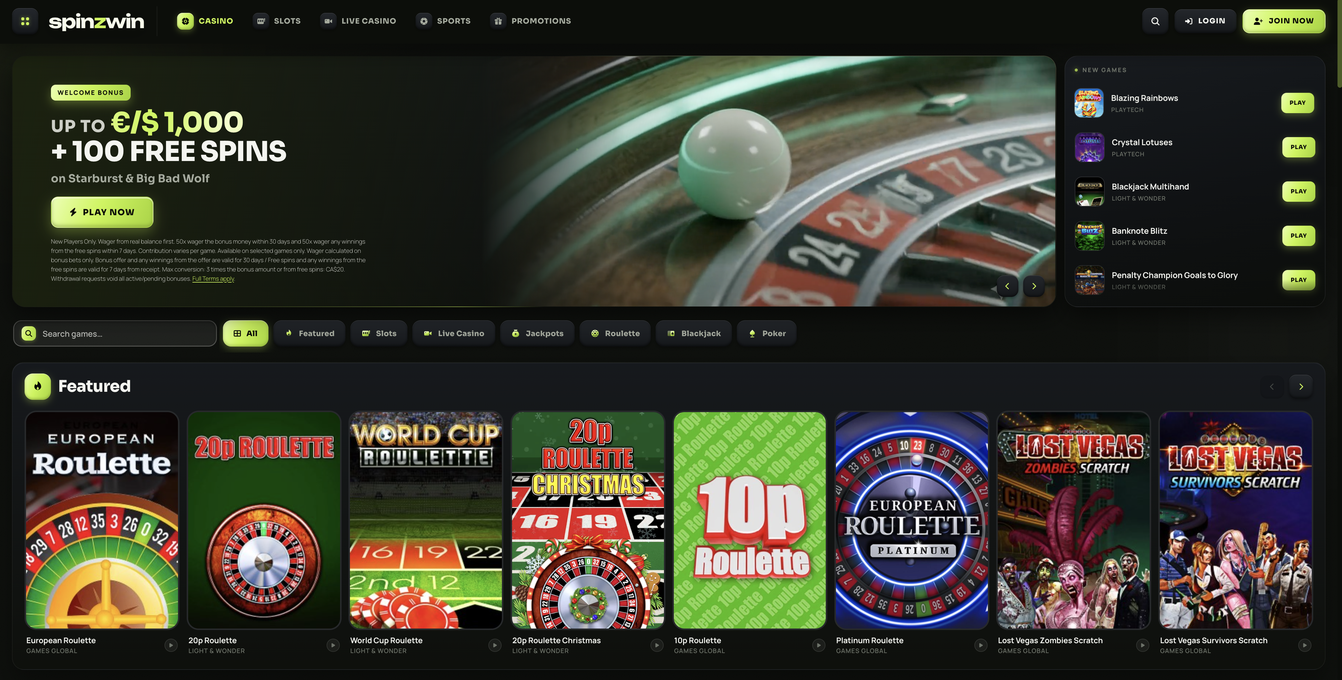 SpinzWin Casino homepage