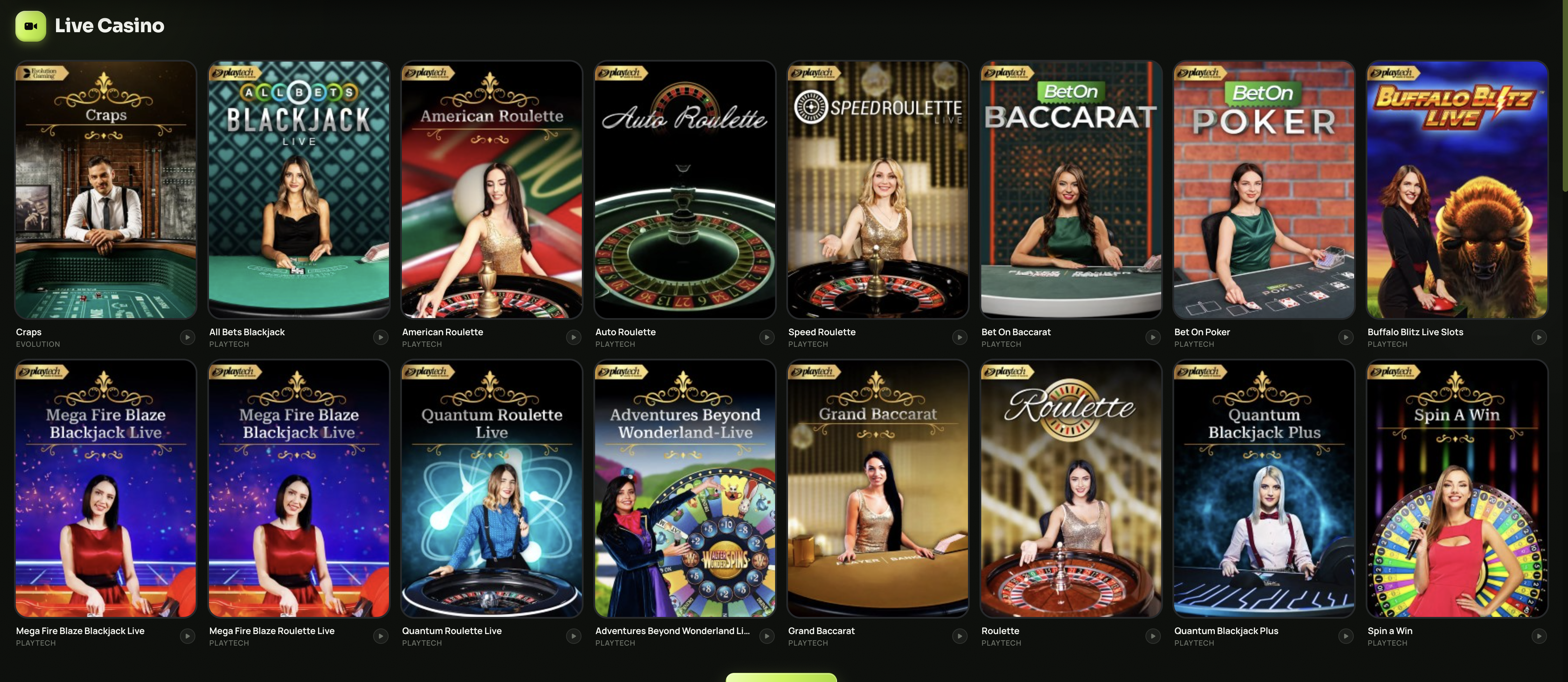 SpinzWin Casino live casino lobby
