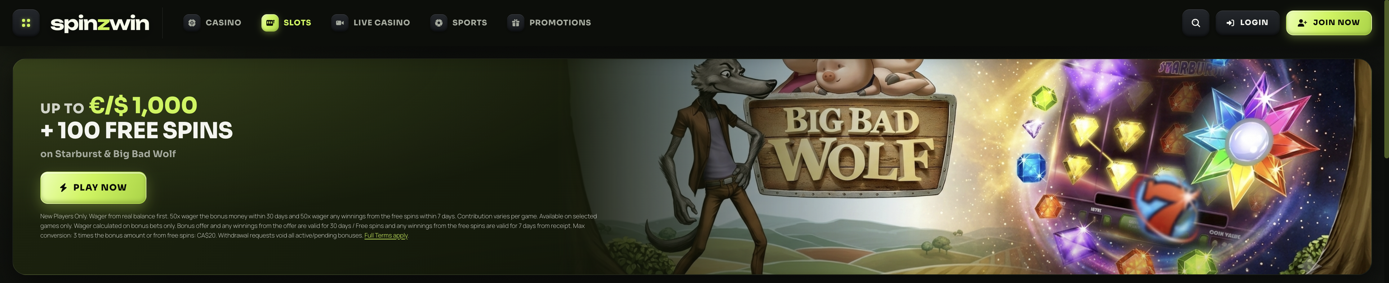 SpinzWin Casino welcome bonus screen