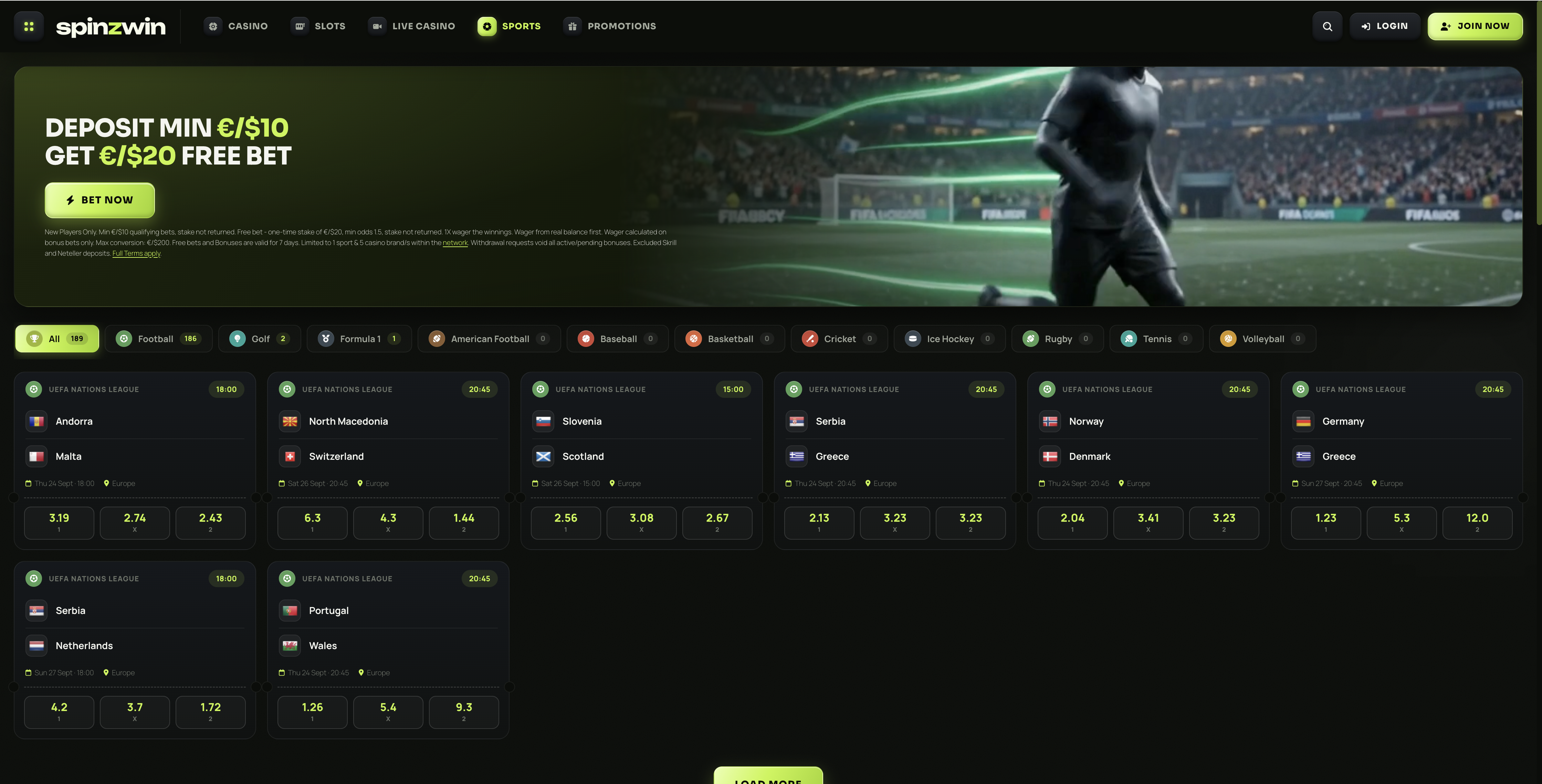 SpinzWin sports betting section