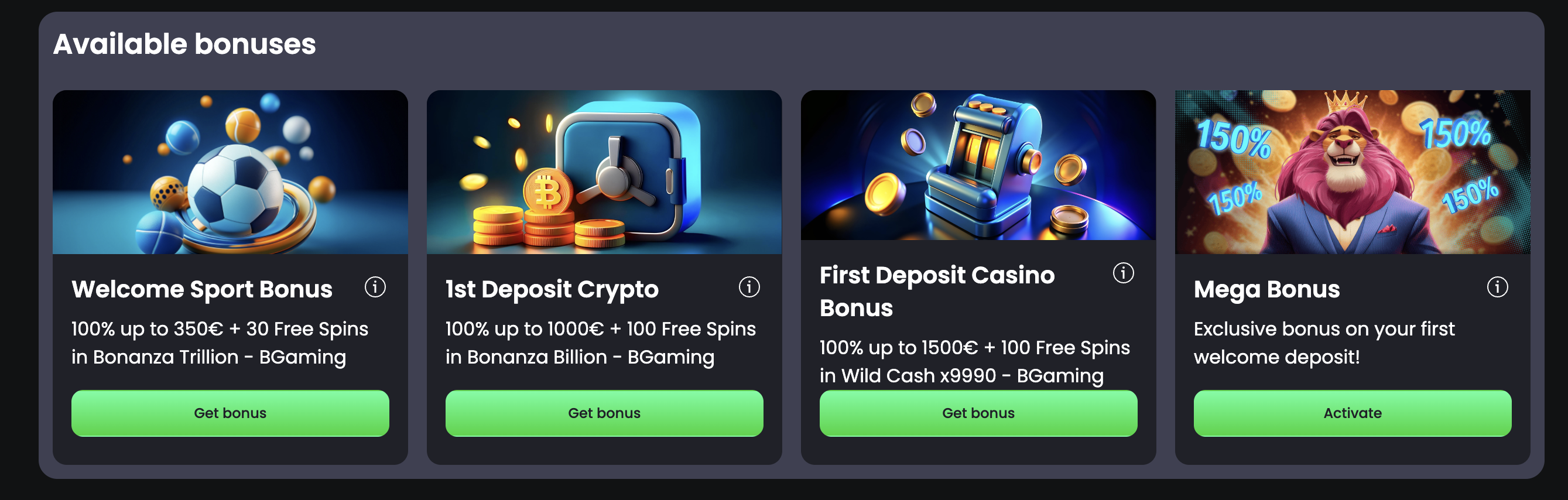 Tip-top available bonuses — Welcome Sport, 1st Deposit Crypto, First Deposit Casino and Mega Bonus