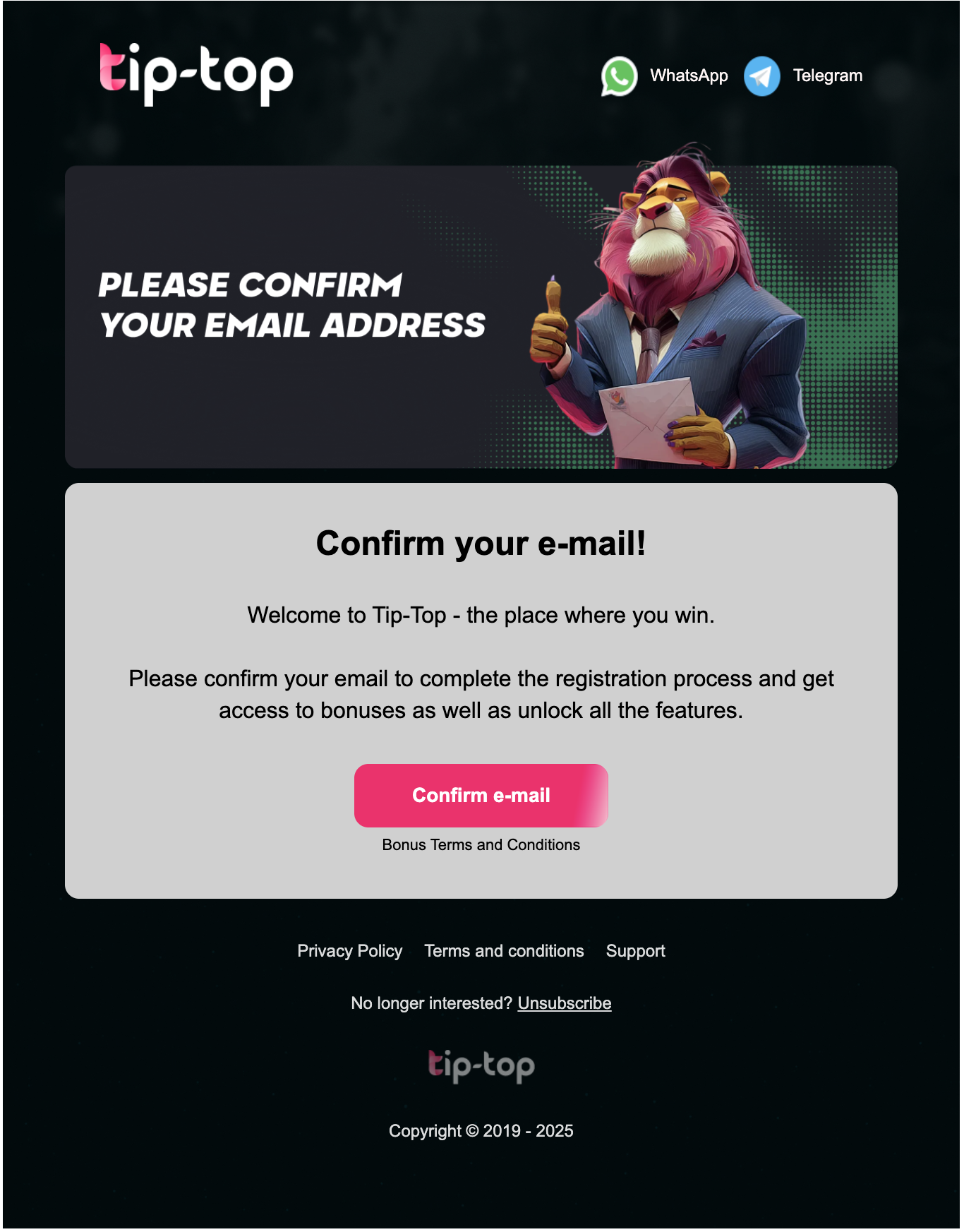 Tip-top confirmation email — Confirm e-mail button to finish registration