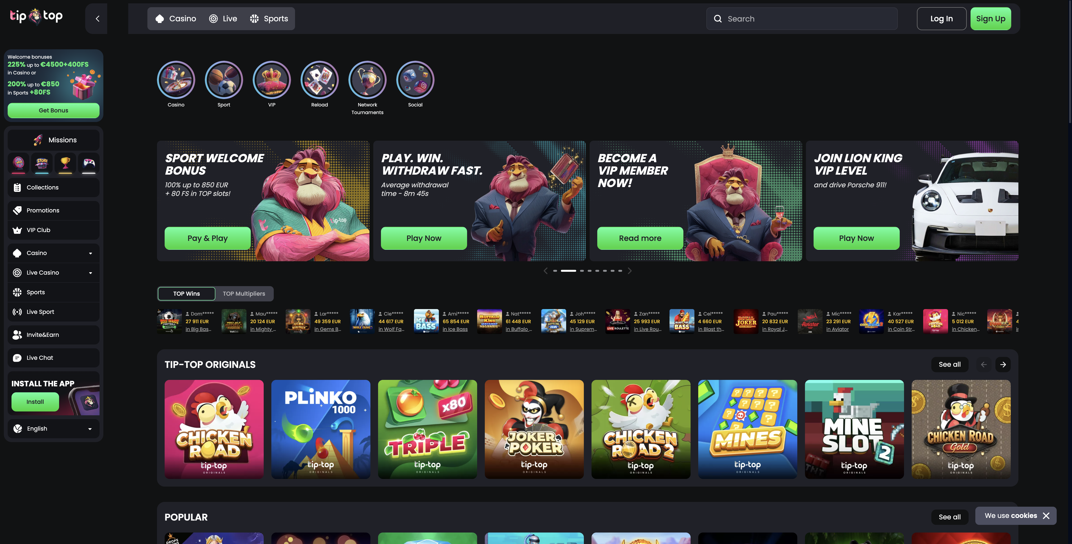 Tip-top casino home page — welcome bonuses, Tip-top Originals and Invite and Earn sidebar