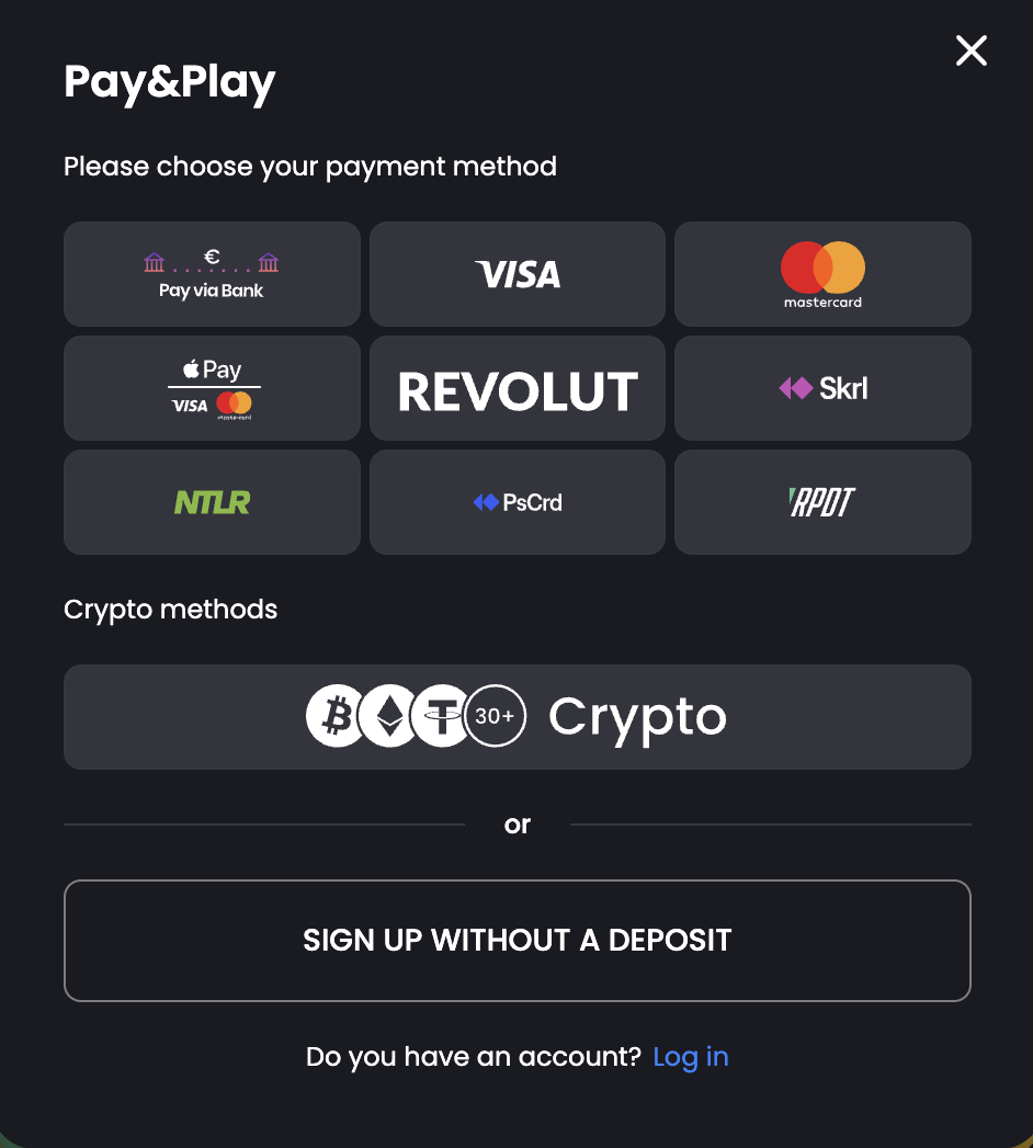 Tip-top Pay and Play payment method picker — cards, Revolut, e-wallets, Paysafecard and crypto