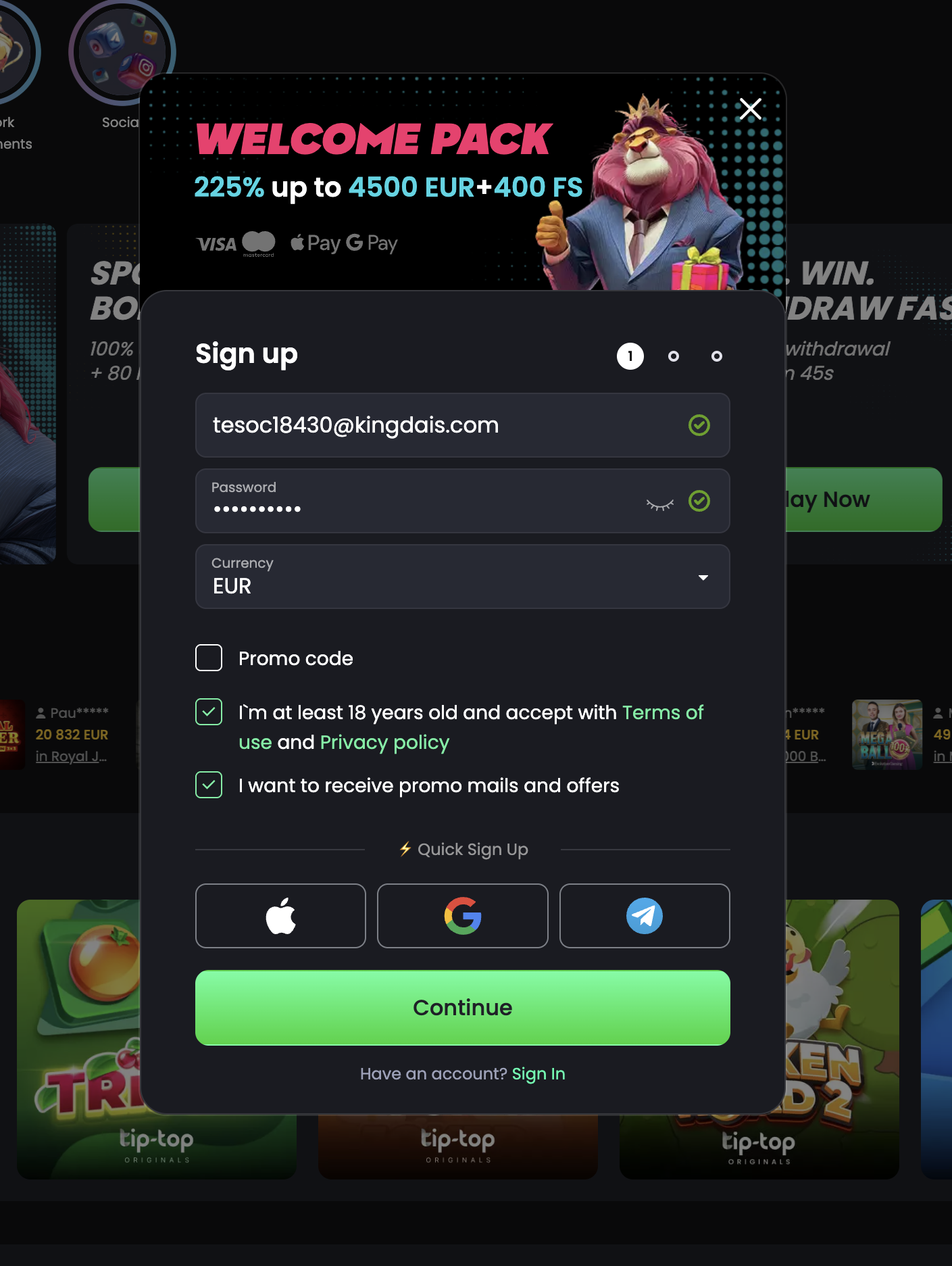 Tip-top sign-up step one — email, password, EUR currency and age confirmation