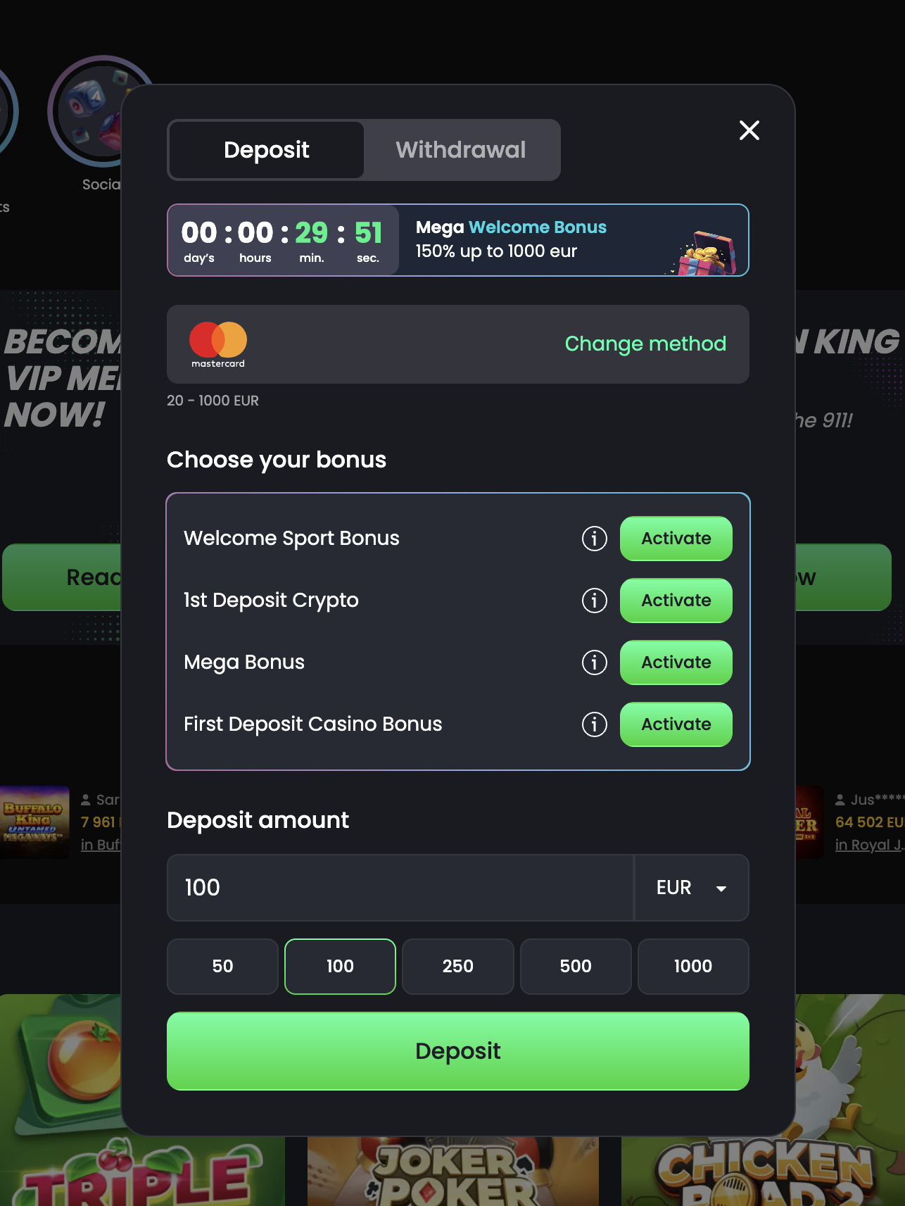Tip-top deposit cashier — choose bonus, Mastercard €20–€1,000, and deposit amount