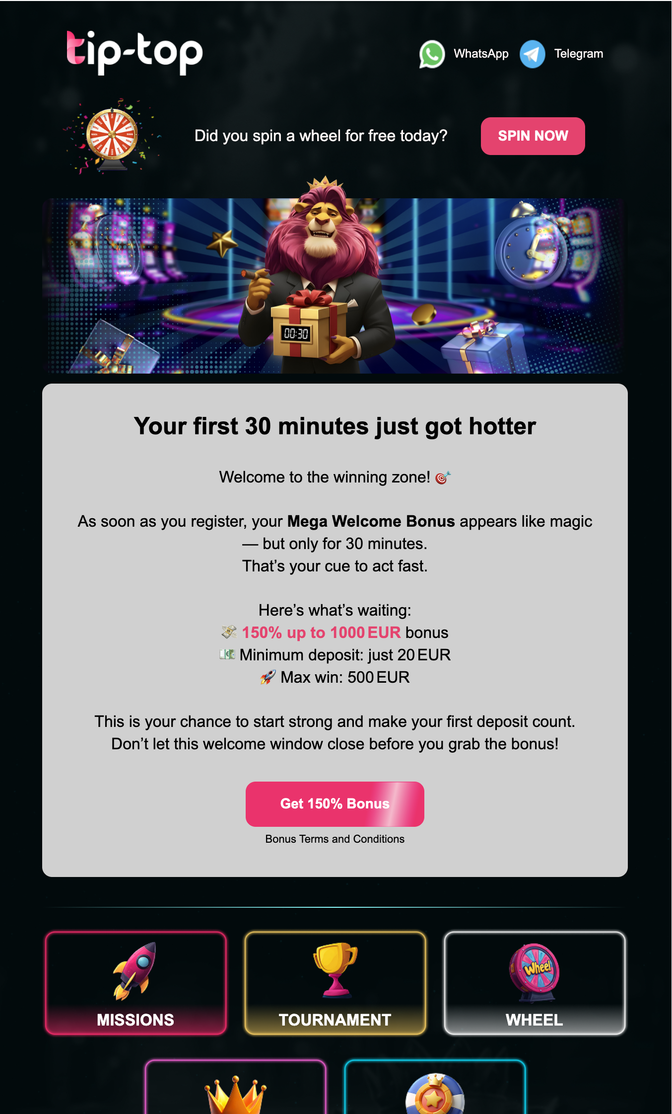 Tip-top email promoting Mega Welcome Bonus after registration