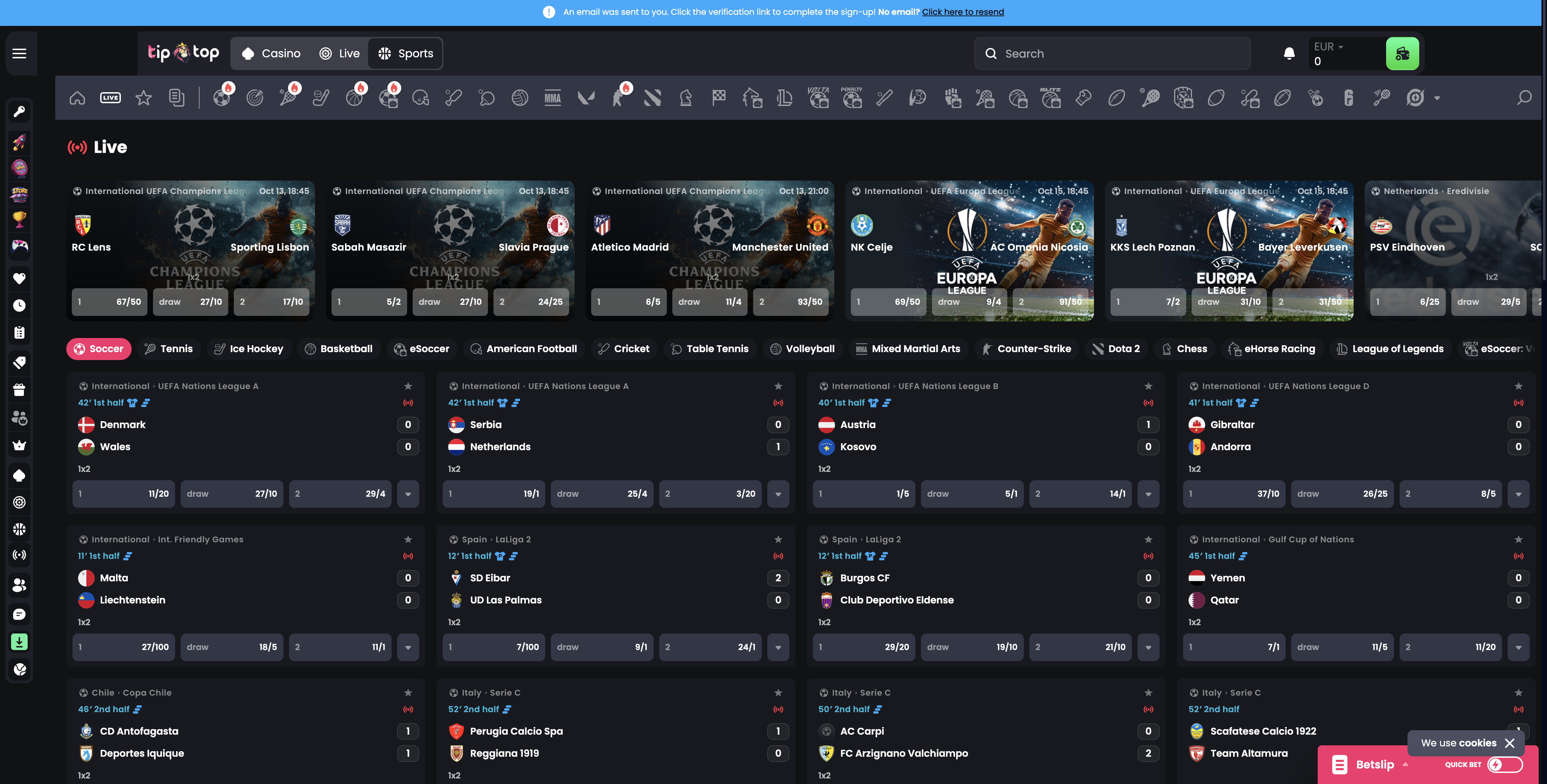 Tip-top live sports betting with Champions League and Nations League markets