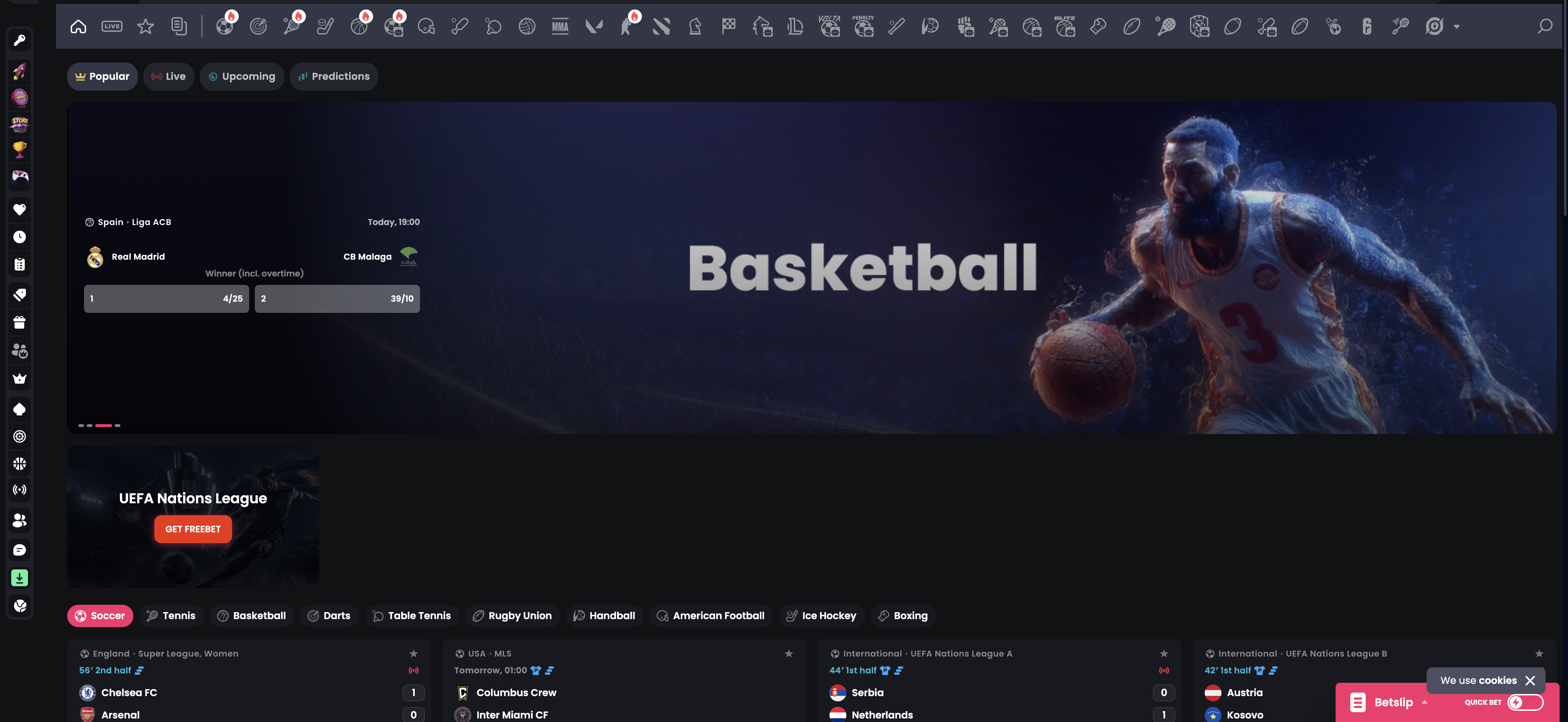 Tip-top sportsbook lobby with basketball promo and live match cards