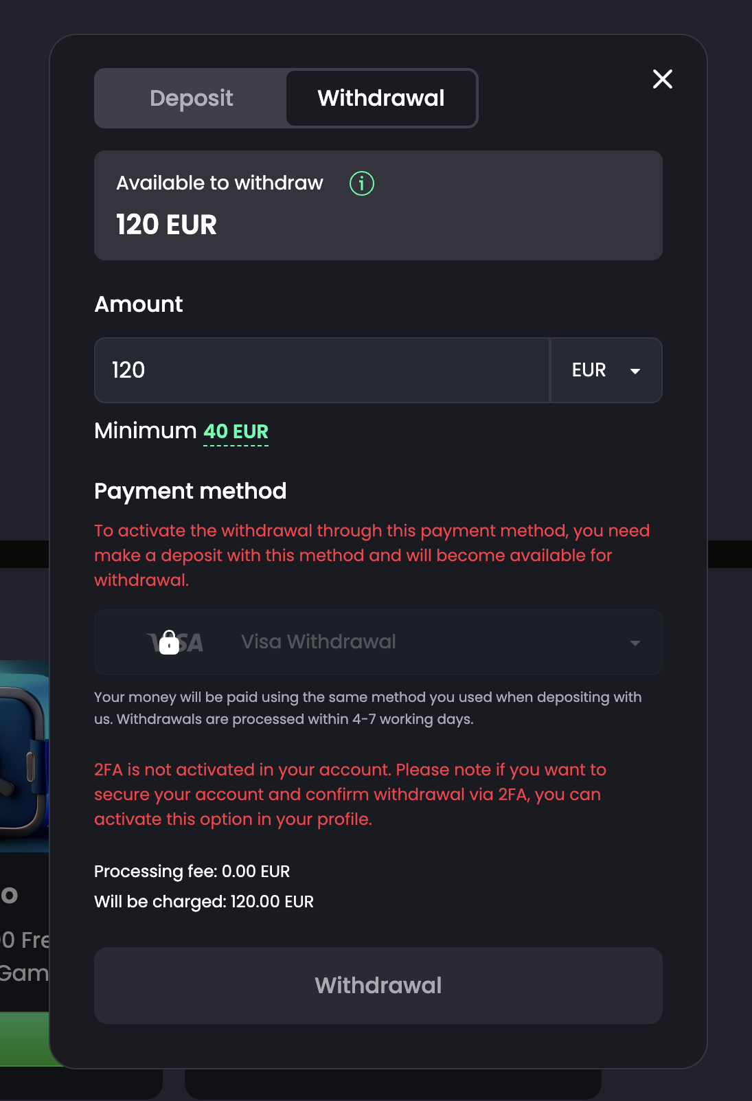 Tip-top withdrawal cashier — €120 available to withdraw, minimum €40, processed within 4–7 working days