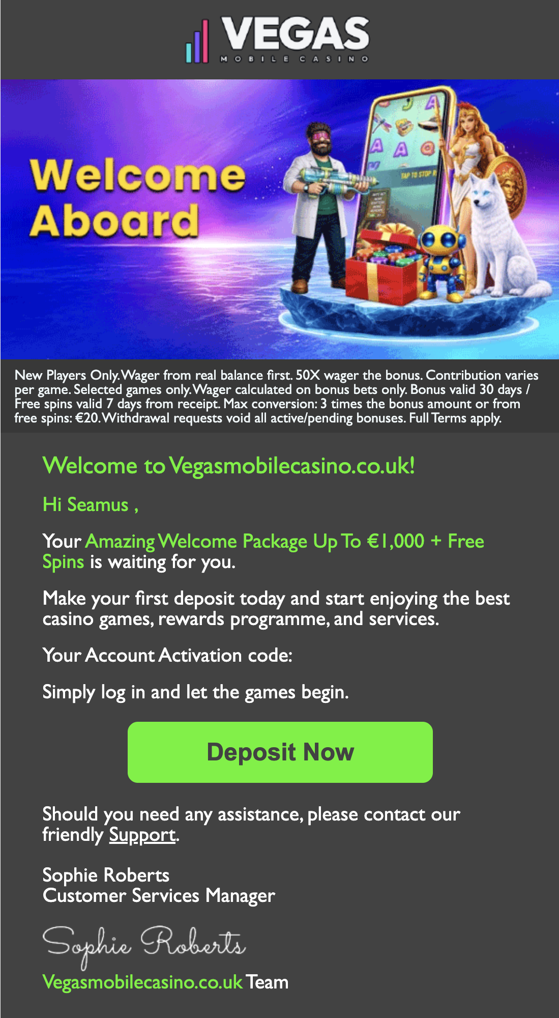 Vegas Mobile Casino welcome email