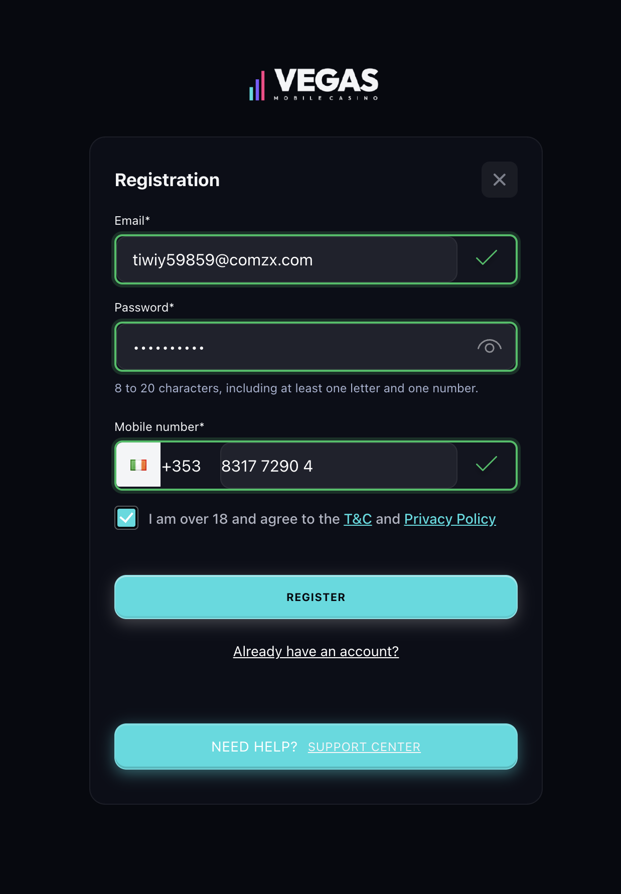 Vegas Mobile Casino signup details filled in
