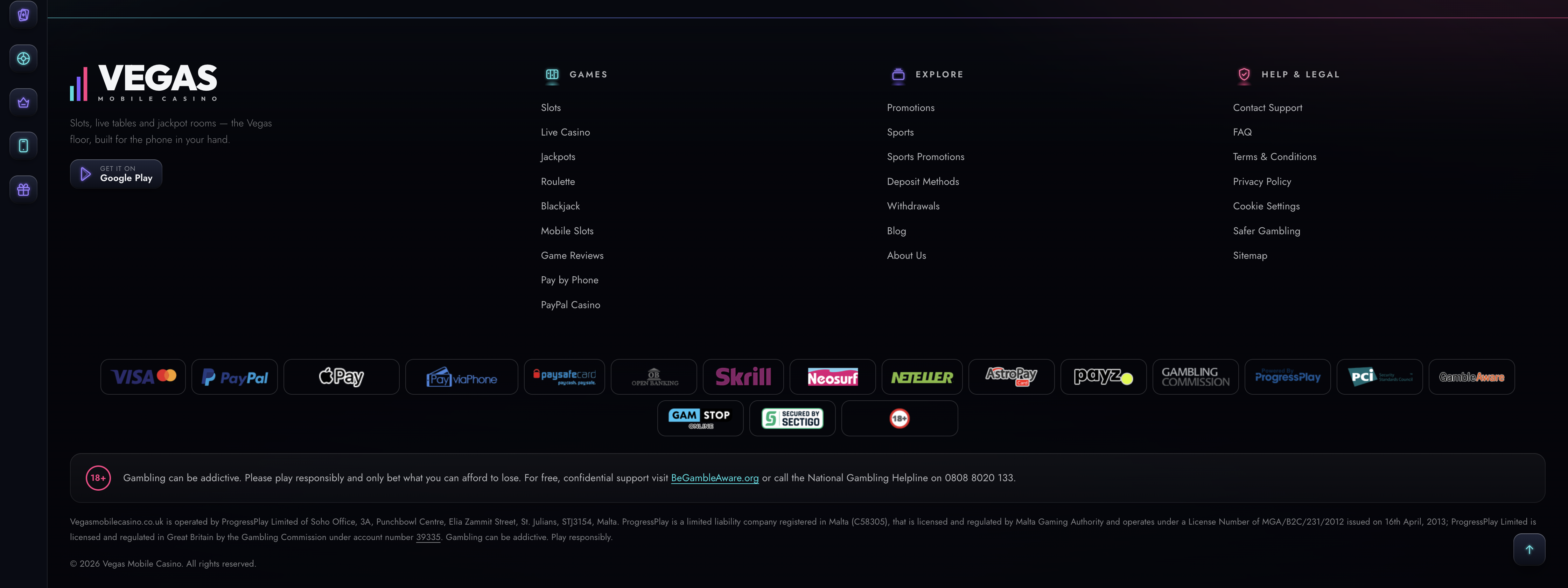Vegas Mobile Casino footer with MGA licence