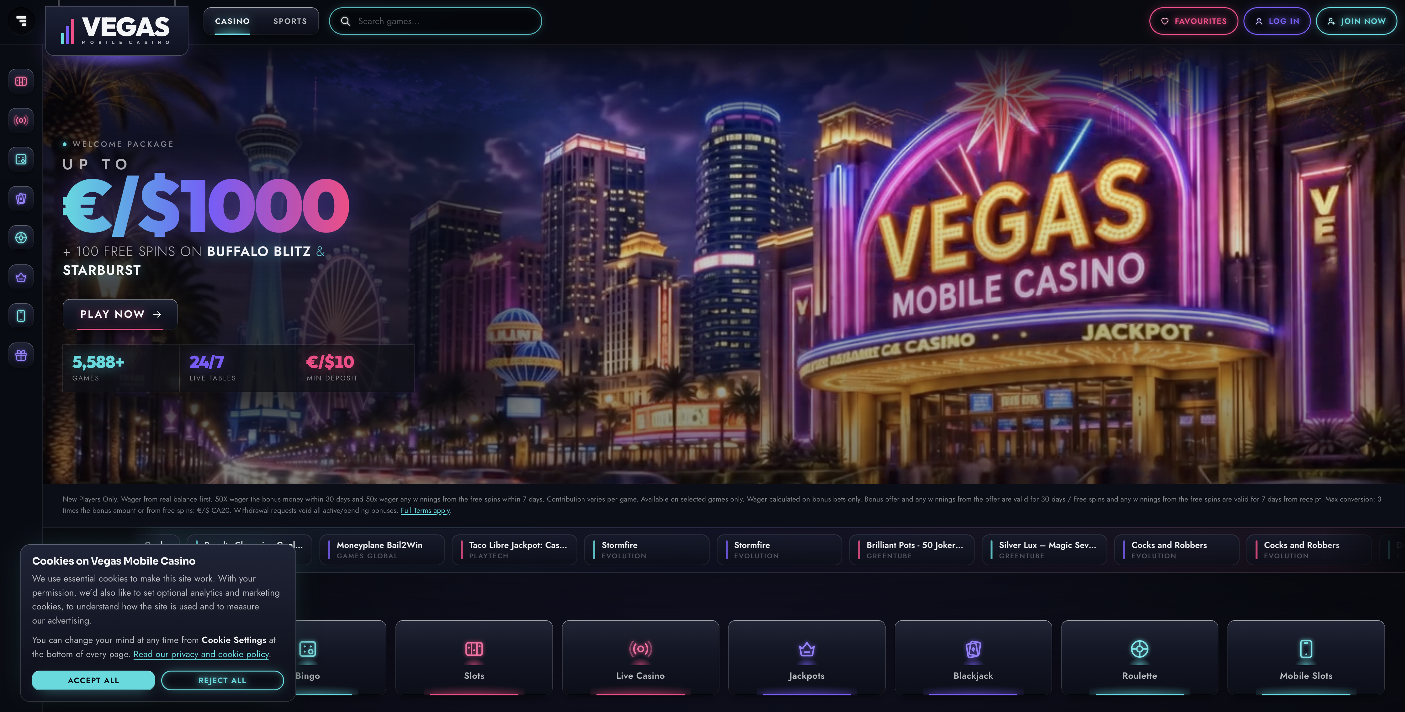 Vegas Mobile Casino home page after the UI refresh