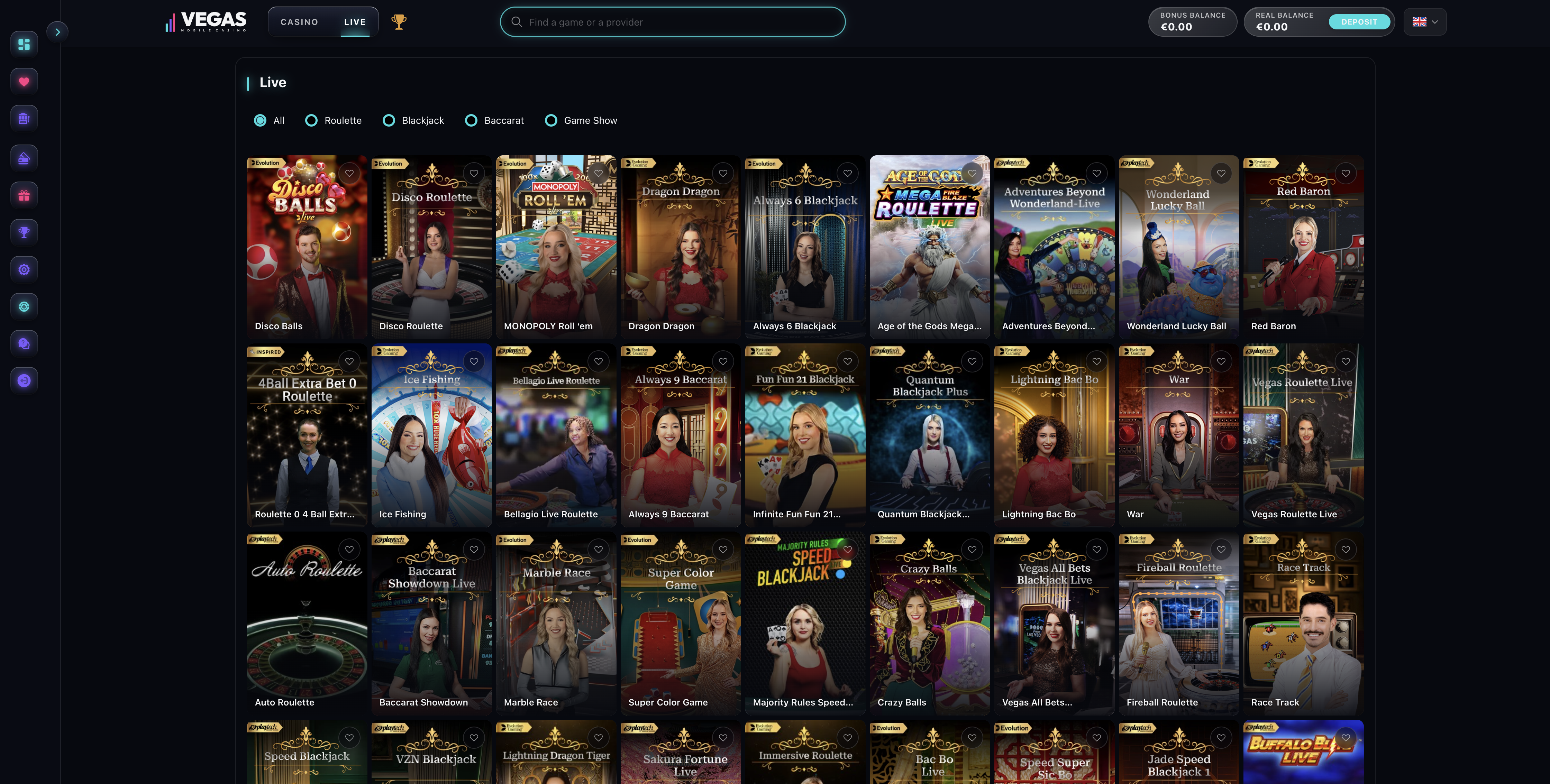 Vegas Mobile Casino live casino lobby