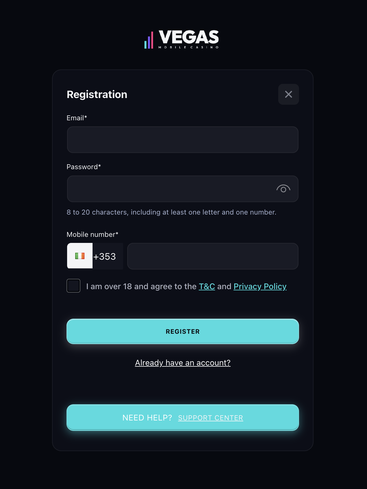 Vegas Mobile Casino signup first step