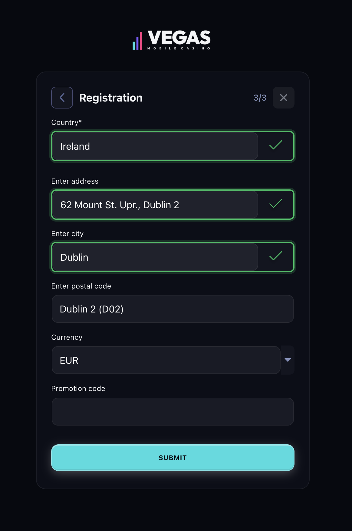 Vegas Mobile Casino signup address step