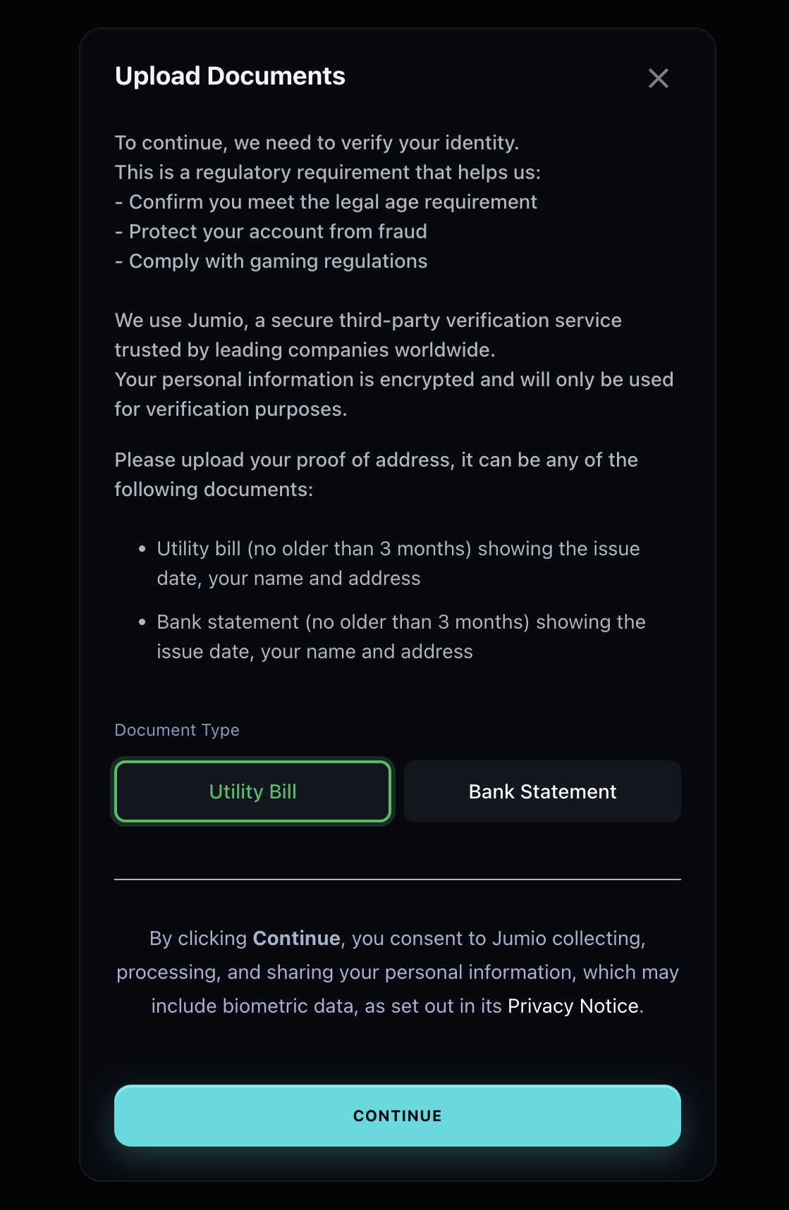 Vegas Mobile Casino verification — bill / proof of address option