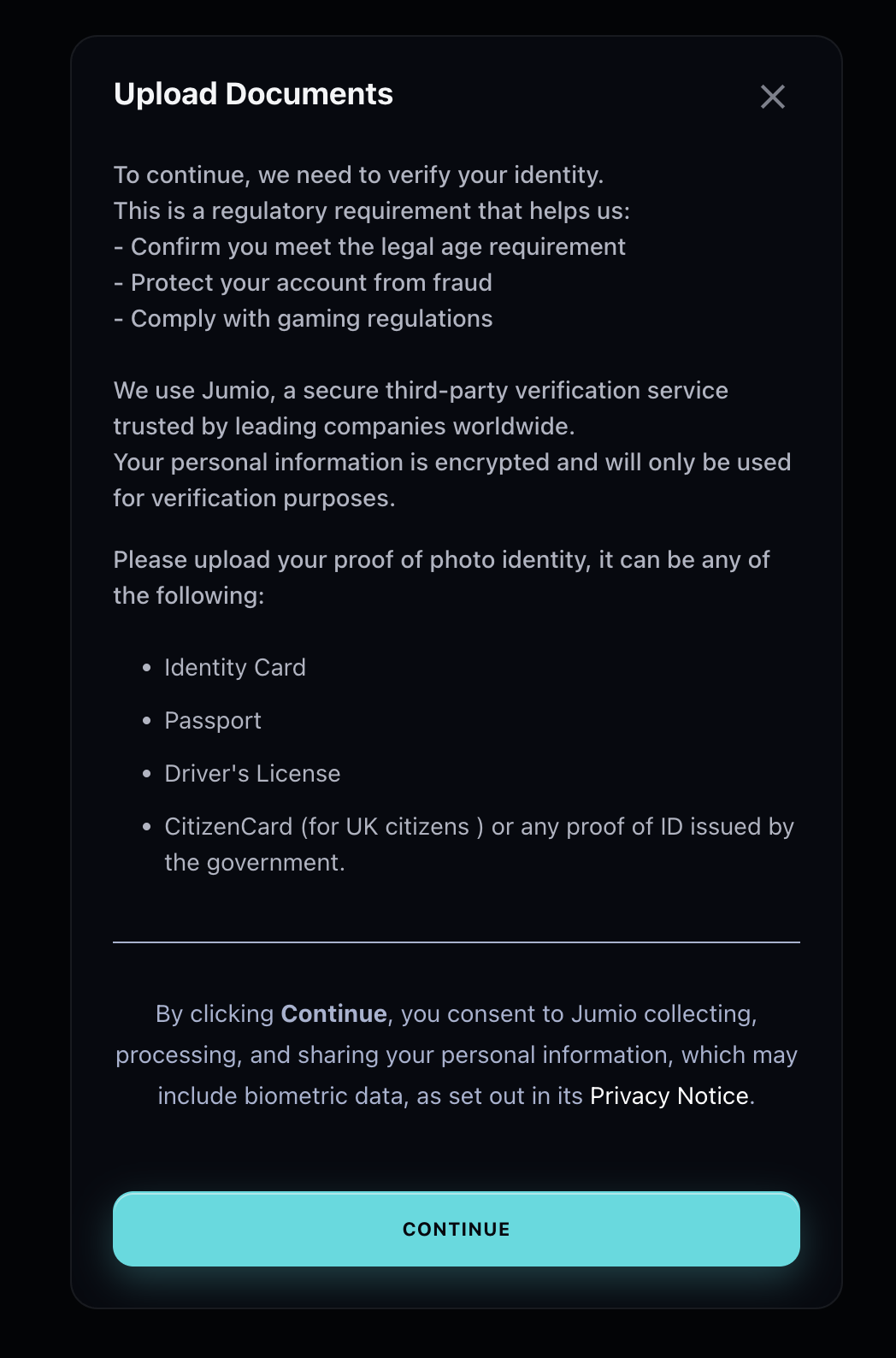 Vegas Mobile Casino Jumio identity verification upload