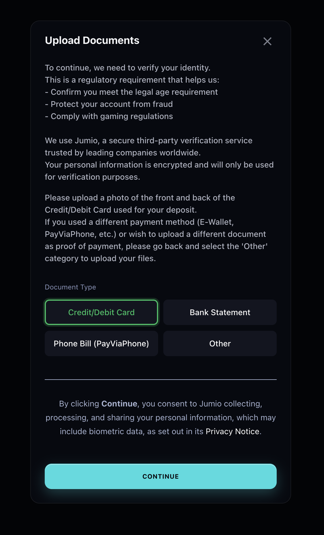 Vegas Mobile Casino verification — credit/debit card front and back request