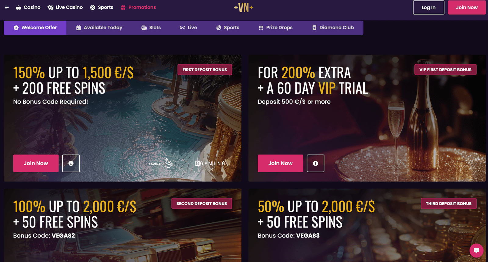 vegasnow casino bonuses