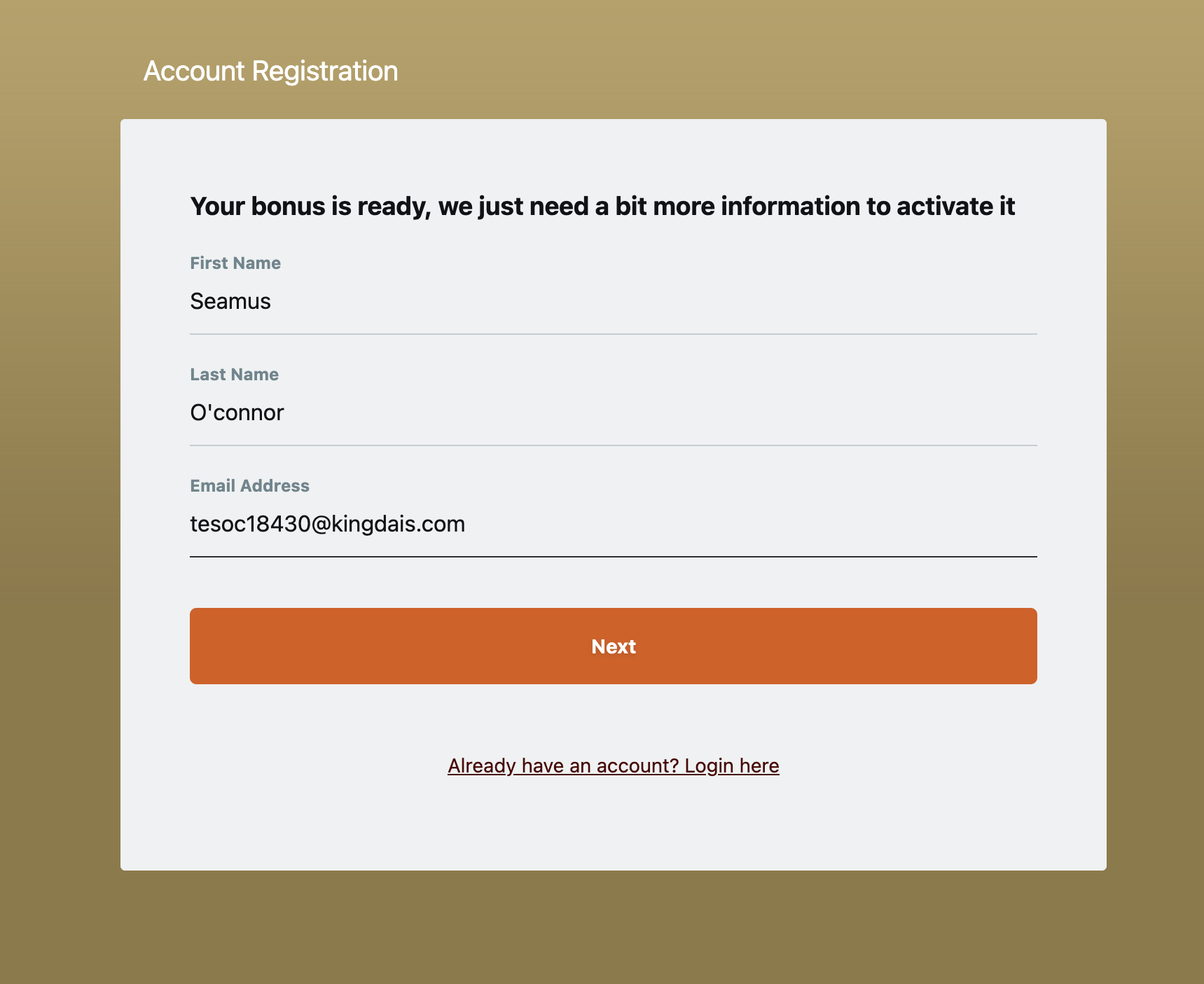 Villento account registration — first name, last name, and email