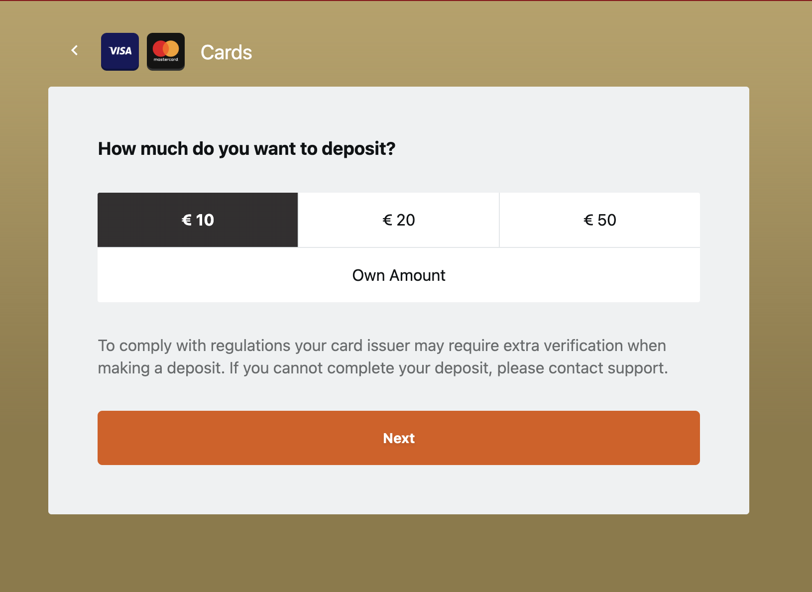 Villento Cards cashier with €10 selected among €10, €20, and €50 presets